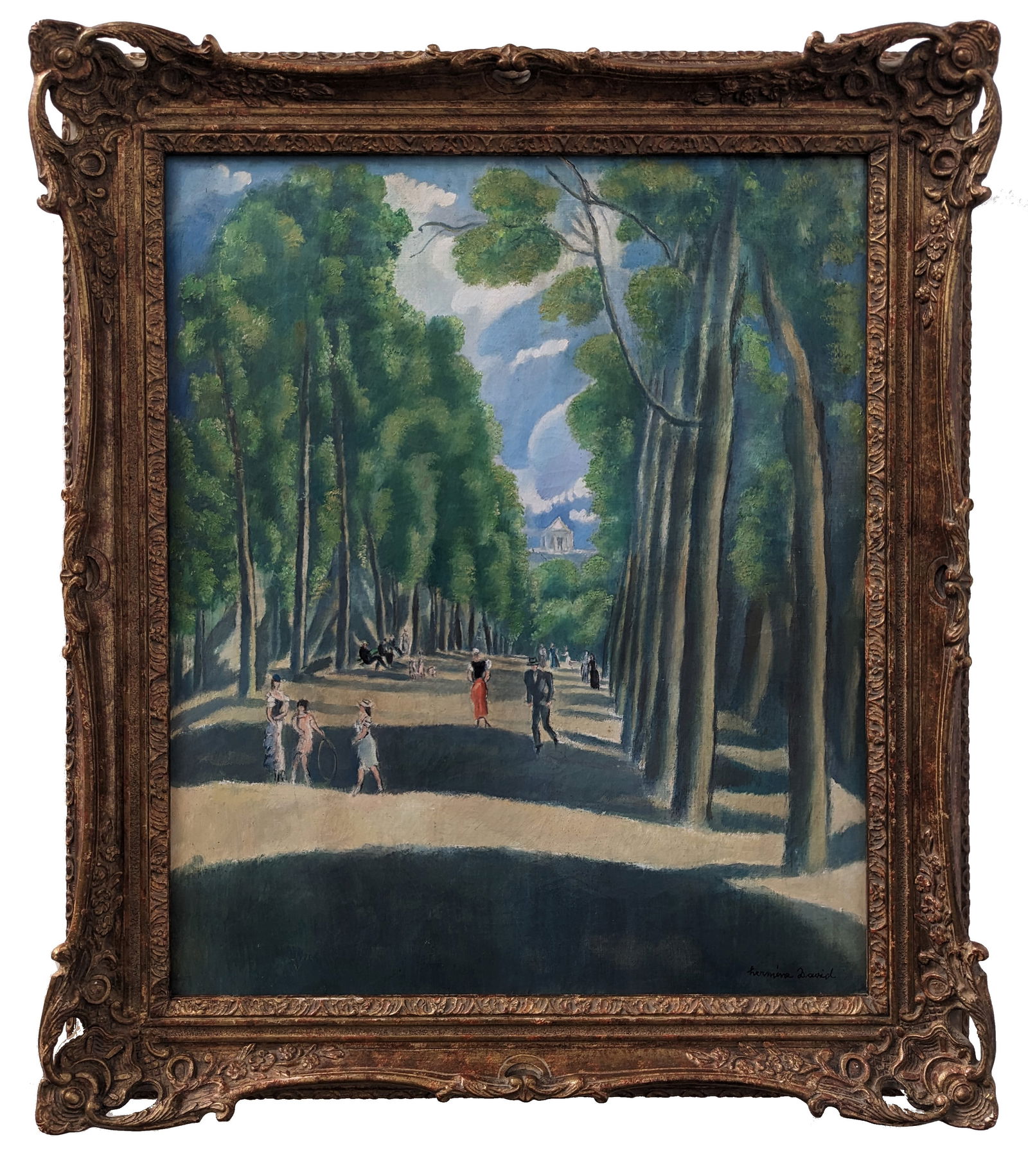 Hermine DAVID: "Sunlit Park Alley" (Jardin du Luxembourg, Paris?): Hermine DAVID (French, 1886-1970): "Sunlit Park Alley" (Jardin du Luxembourg, Paris?). Oil on canvas. Exquisitely framed in a hand-carved wooden period frame with a beautiful dull-gold finish; a work