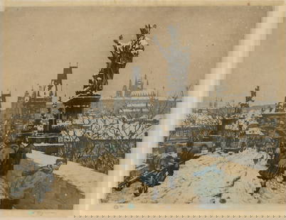 Tavik Frantisek SIMON: "Charles Bridge in Winter".: Tavik Frantisek SIMON (Czech, 1877-1942): "Charles Bridge in Winter" (Prague). Color aquatint on simili-Japan wove paper, 1916. Signed and numbered in pencil, and with the artist’s green monogram st