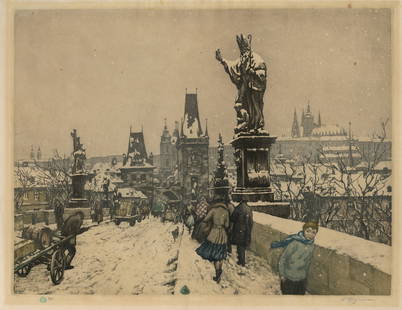 Tavik Frantisek SIMON: "Charles Bridge in Winter".: Tavik Frantisek SIMON (Czech, 1877-1942): "Charles Bridge in Winter" (Prague). Color aquatint on simili-Japan wove paper, 1916. Signed and numbered in pencil, and with the artist’s green monogram st