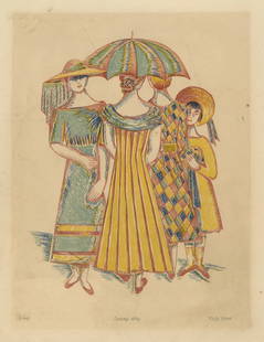 Fritzi BROD: "Sunny Day".: Fritzi BROD (Czech American, 1900-1952): "Sunny Day". Lithograph printed in 5 colors on wove paper. Edition of 6. Very rare. Signed, titled, and annotated in pencil. Image size: 11 7/8 x 9 inches.