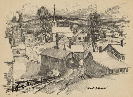 Emile Albert GRUPPE: "Covered Bridge, Vermont".: Emile Albert GRUPPE (American, 1896-1978): "Covered Bridge, Vermont". Lithograph on textured wove paper. Scarce, like all of Gruppe's lithographs. Signed in the stone. Image size: 8 7/8 x12 1/2 inches