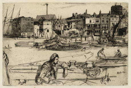 James A. McNeill WHISTLER: "Black Lion Wharf".: James A. McNeill WHISTLER (American, 1834 – 1903): "Black Lion Wharf". Etching on thin laid paper, 1859. References: Kennedy 42 iii/iii, Glasgow 54 iv/iv. Published in 1871 by Ellis and Green as par