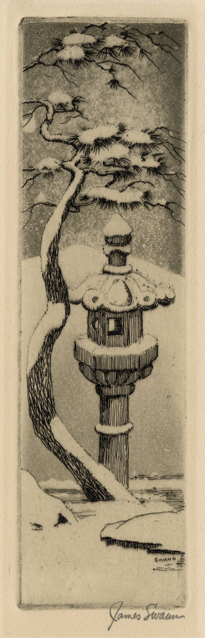 James SWANN: "Japanese Stone Lantern".: James SWANN (American, 1905-1980): "Japanese Stone Lantern". Etching and aquatint on wove paper, circa 1960-65. Reference: not in Czestochowski. No known edition, scarce. Signed in pencil. Plate size: