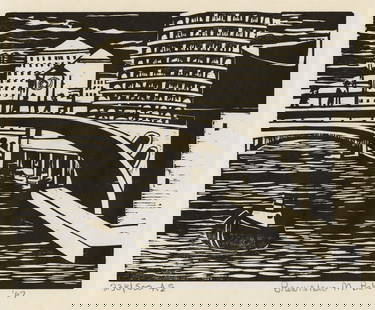 Bronislaw M. BAK: "Marina Tower and Chicago River".: Bronislaw M. BAK (Polish American, 1922-1981): "Marina Tower and Chicago River". Linocut on wove paper, 1967. Edition of 500. Signed, dated, and numbered in pencil. Image size: 8 x 10 inches