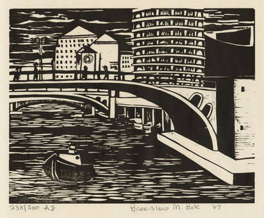 Bronislaw M. BAK: "Marina Tower and Chicago River".: Bronislaw M. BAK (Polish American, 1922-1981): "Marina Tower and Chicago River". Linocut on wove paper, 1967. Edition of 500. Signed, dated, and numbered in pencil. Image size: 8 x 10 inches