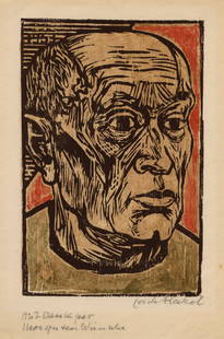 Erich HECKEL: "Kopf (Selbstbildnis)": Erich HECKEL (German, 1883-1970): "Kopf (Selbstbildnis)". Color woodcut printed on JW Zanders laid paper, 1953. Reference: Dube H 405. Edition of 50. Signed and dedicated "Mit Dank fur Ihre Guten Wuns