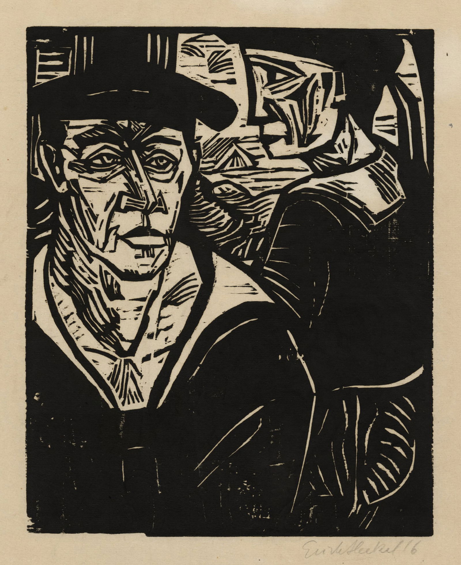 Erich HECKEL: "Zwie Matrosen": Erich HECKEL (German, 1883-1970): "Zwie Matrosen". Woodcut on laid SLG paper, 1916. Reference: Dube 302. Signed and dated in pencil. Image size: 14 1/4 x 11 3/8 inches. Sheet size: 24 1/8 x 18 3/8 inc