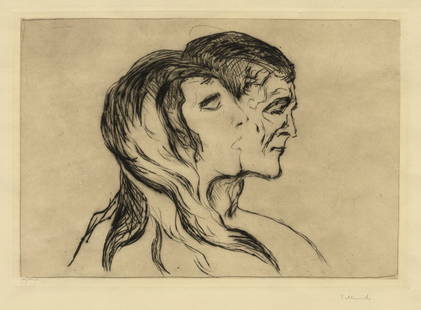 Edvard MUNCH: "Hode ved hode": Edvard MUNCH (Norwegian, 1863-1944): "Hode ved hode". Drypoint on wove paper, 1905. References: Schiefler 222; Willoch 115. Scarce. Printed by Otto Felsing, Berlin, with his pencil signature, lower