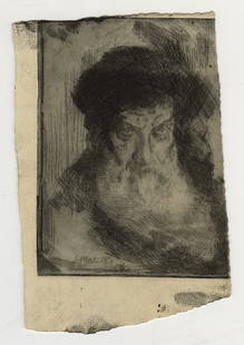 Jan MATULKA: "Old Man": Jan MATULKA (Czech-American, 1890-1972): "Old Man". Etching printed with plate tone on a piece of laid paper, 1916. Reference: Flint 1. This is a proof impression, and likely one of only a few impress