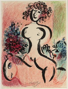 Marc CHAGALL: "Circus Rider with Bouquet": Marc CHAGALL (Russian French, 1887-1985): "Circus Rider with Bouquet". Color lithograph on wove paper, 1963. Reference: Mourlot 404. Edition of 150. Printed to the sheet edges, as issued. There were a