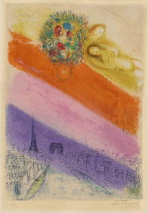 Charles SORLIER after Marc CHAGALL: "Les Champs-Elysees": After Marc CHAGALL (Russian French, 1887-1985): "Les Champs-Elysees". Color lithograph on Arches wove paper, 1954. Reference: Mourlot C.S. 6. Edition of 200. Lithography by Charles Sorlier. Printed by