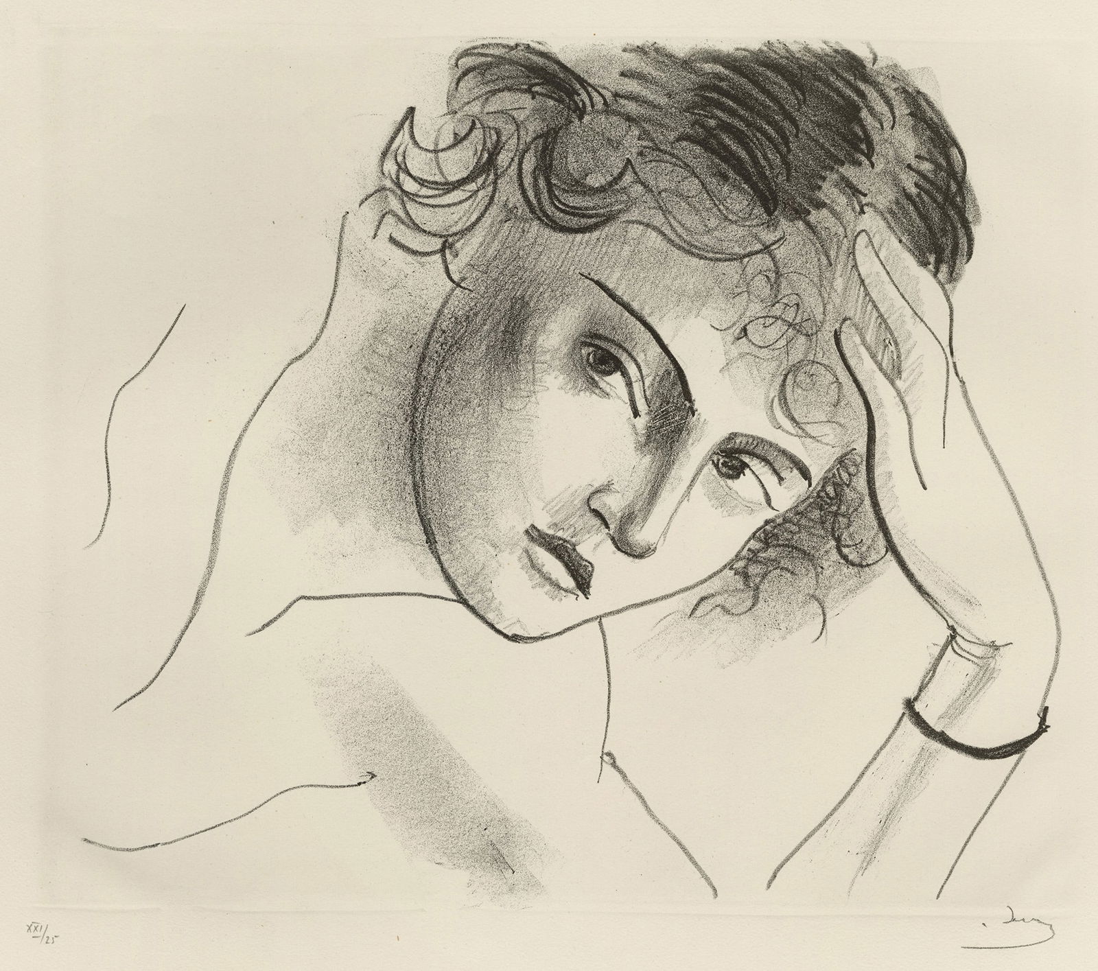 Andre DERAIN:"Visage de femme appuyee sur sa main": Andre DERAIN (French, 1880-1954): "Visage de femme appuyee sur sa main". Lithograph on Arches wove paper, 1927.References: Adhemar 71; BN-IFF 17.Edition of 100, plus 25 numbered in roman numerals. Fro