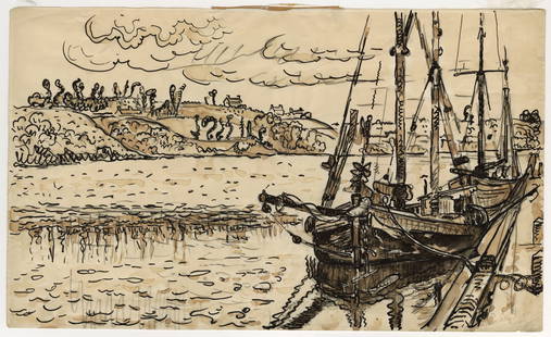 Paul SIGNAC: "Le Trieux": Paul SIGNAC (French, 1863-1935): "Le Trieux". Pencil, ink wash and ink on laid paper, 1928. This is one of Signac's larger ink washes, which are uncommon, and one of his most elaborate renditions of t