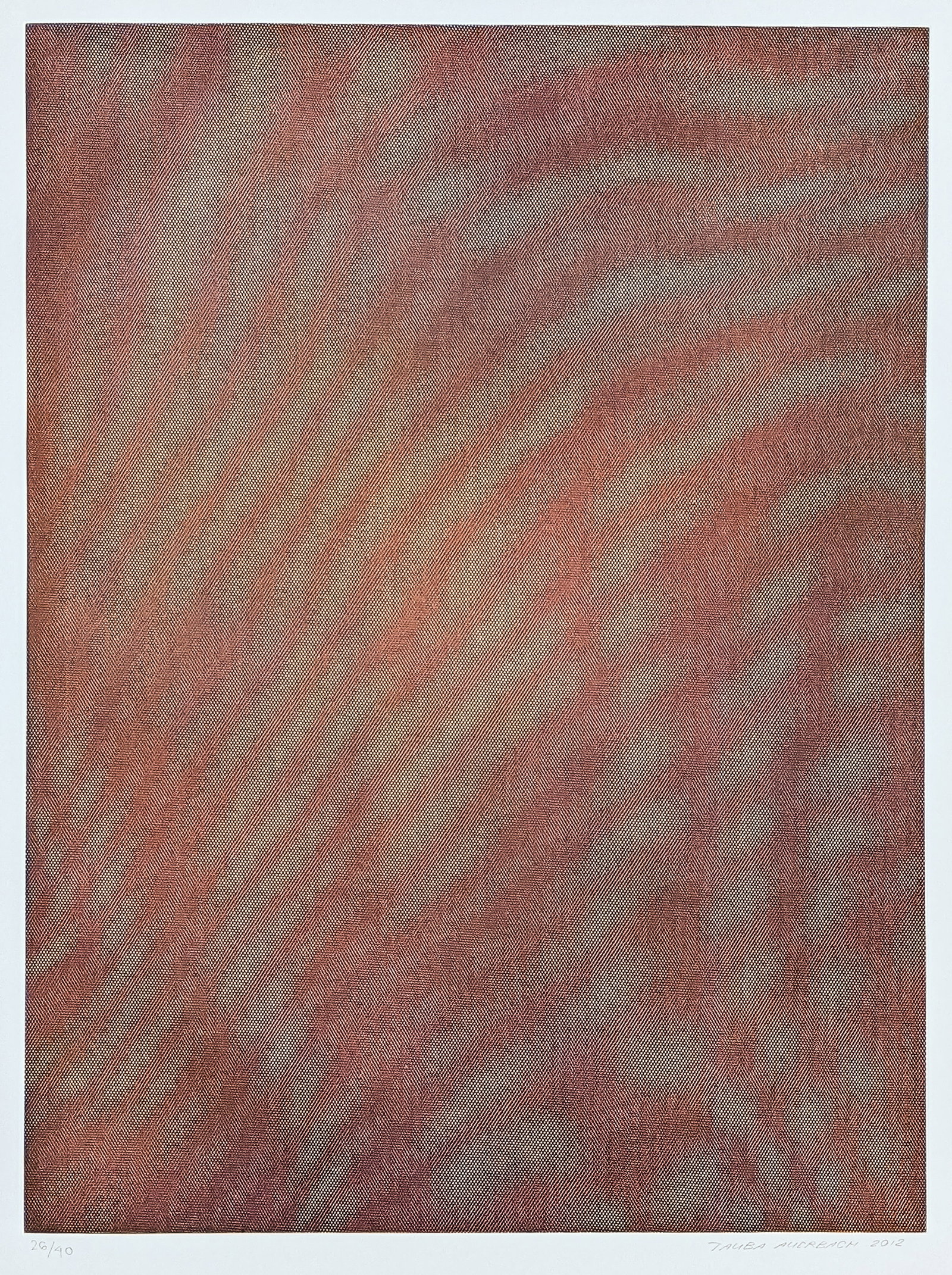 Tauba AUERBACH: "Mesh Moire I": Tauba AUERBACH (American, b. 1981): "Mesh Moire I". Color soft ground etching, from a set of six, 2012. Signed, dated, and numbered 26 in pencil. From the edition of 40. Published by Paulson Bott Pres