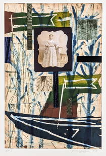 Radcliffe BAILEY: "Between Two Worlds": Radcliffe BAILEY (American, b. 1968): "Between Two Worlds". Color aquatint with color photocopy, velvet collage and chine colle on Somerset wove paper, 2003. Signed, dated, and numbered AP8; aside fro