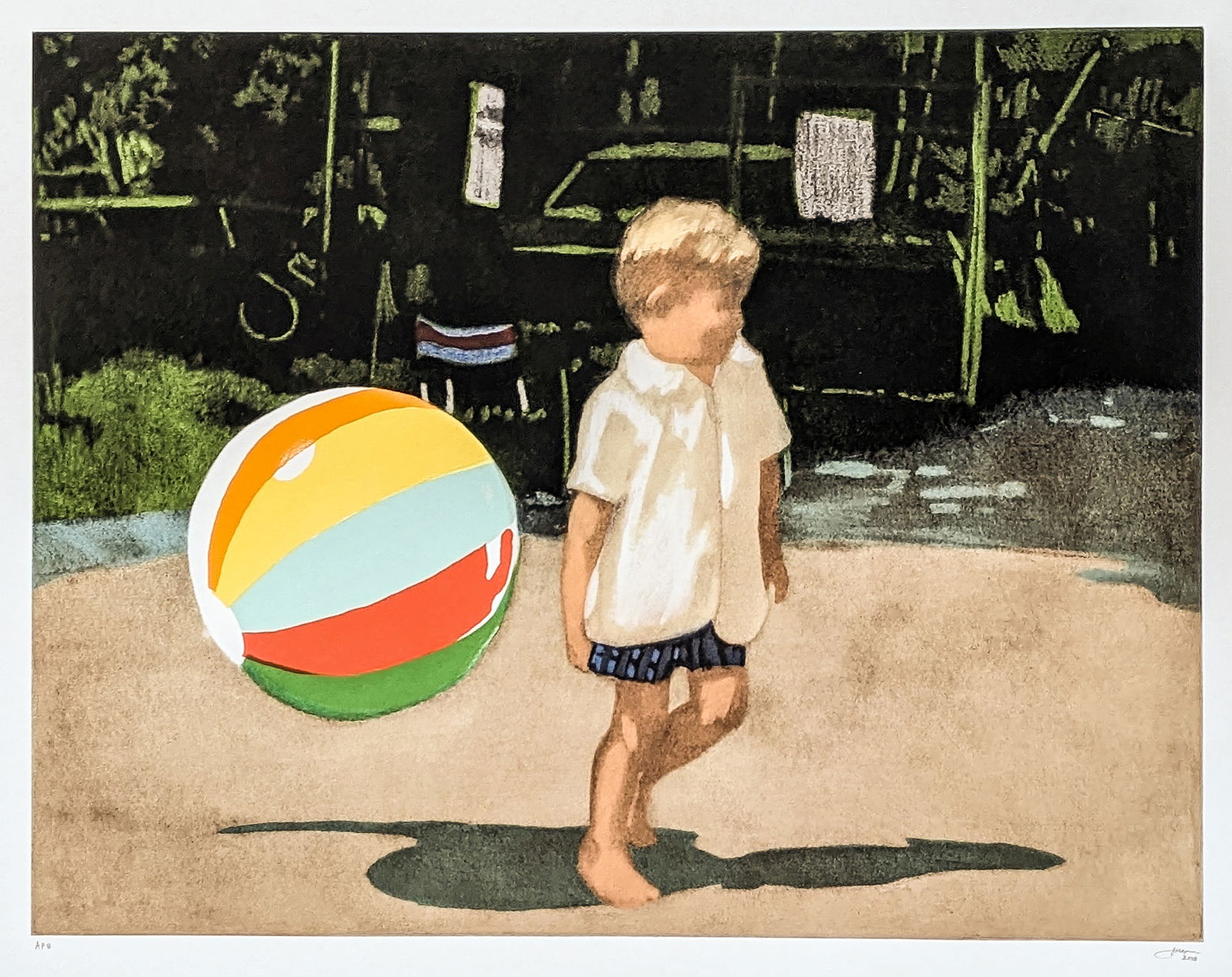 Isca GREENFIELD-SANDERS: "Tommy and The Ball": Isca GREENFIELD-SANDERS (American, b. 1978): "Tommy and The Ball". Color photogravure and aquatint on Somerset white paper, 2008. Signed, dated, and inscribed AP8; aside from the edition of 50. Publis