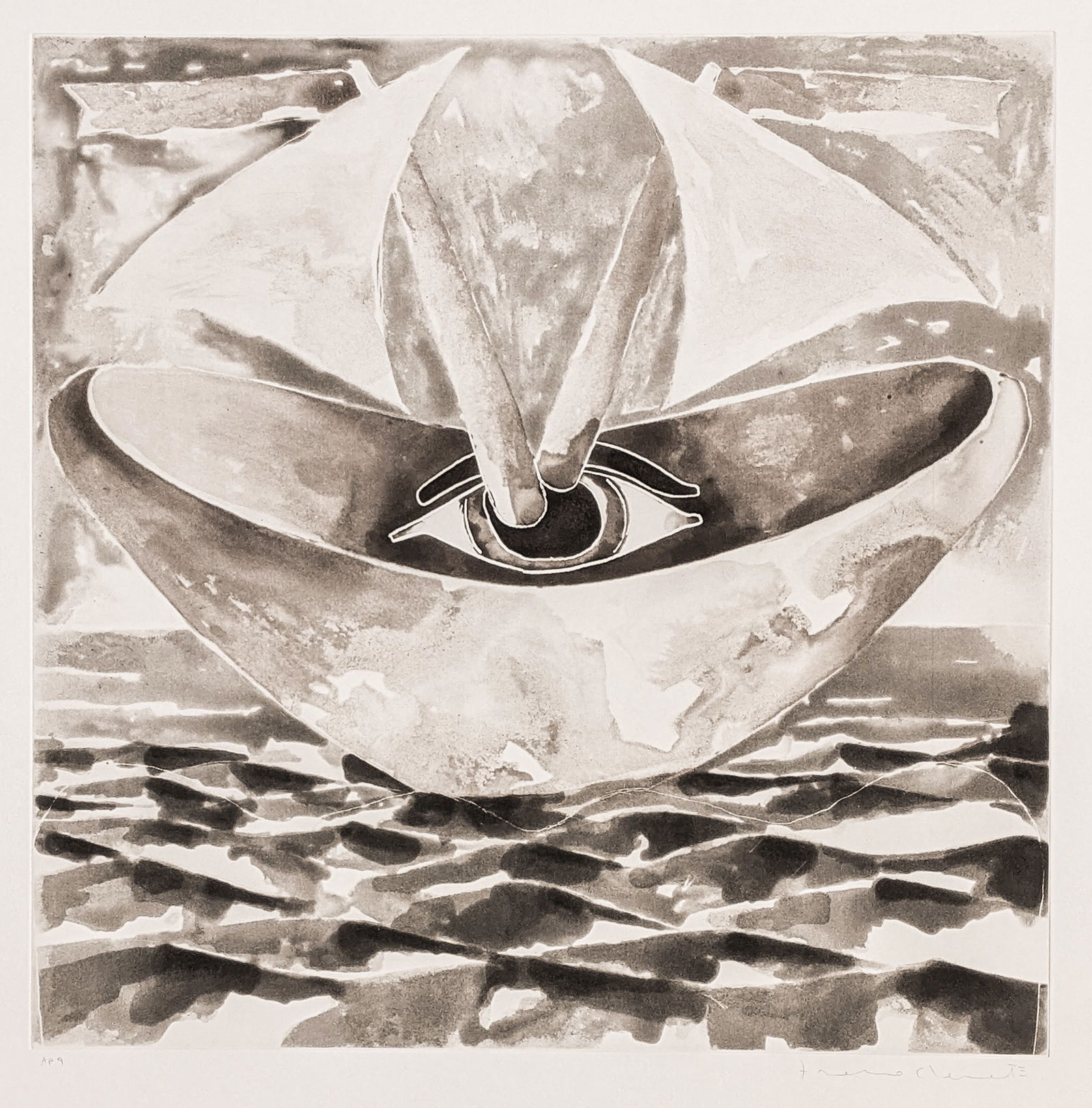 Francesco CLEMENTE: "Witness": Francesco CLEMENTE (Italian, b. 1952): "Witness". Spitbite aquatint on Somerset wove paper, 1990. From the series "Sigilli". Signed, and numbered AP 9; aside from the edition of 25. Published by Crown