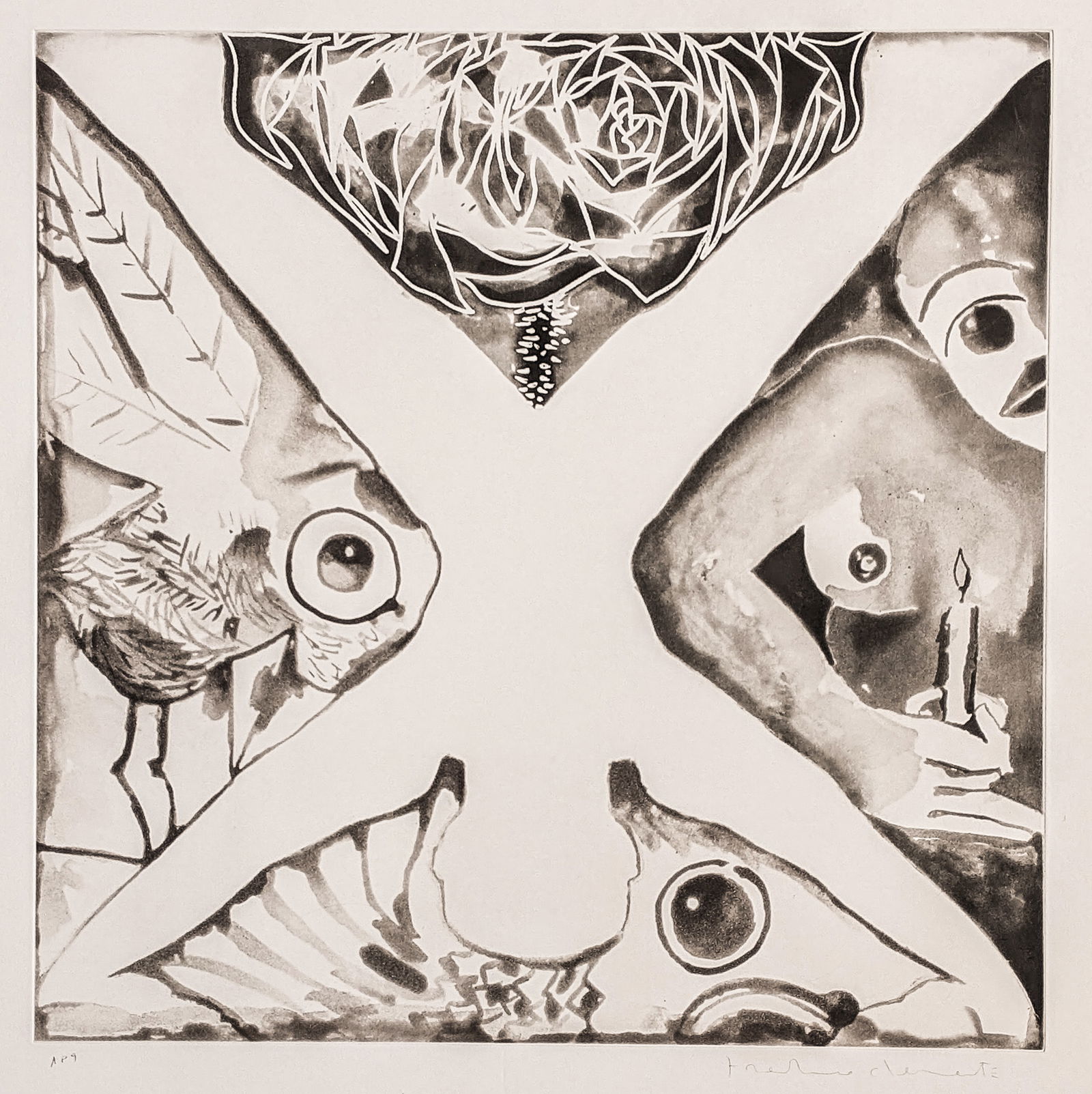 Francesco CLEMENTE:"Three Worlds": Francesco CLEMENTE (Italian, b. 1952): "Three Worlds". Spitbite aquatint on Somerset wove paper, 1990. From the series "Sigilli". Signed, and numbered AP 9; aside from the edition of 25. Published by