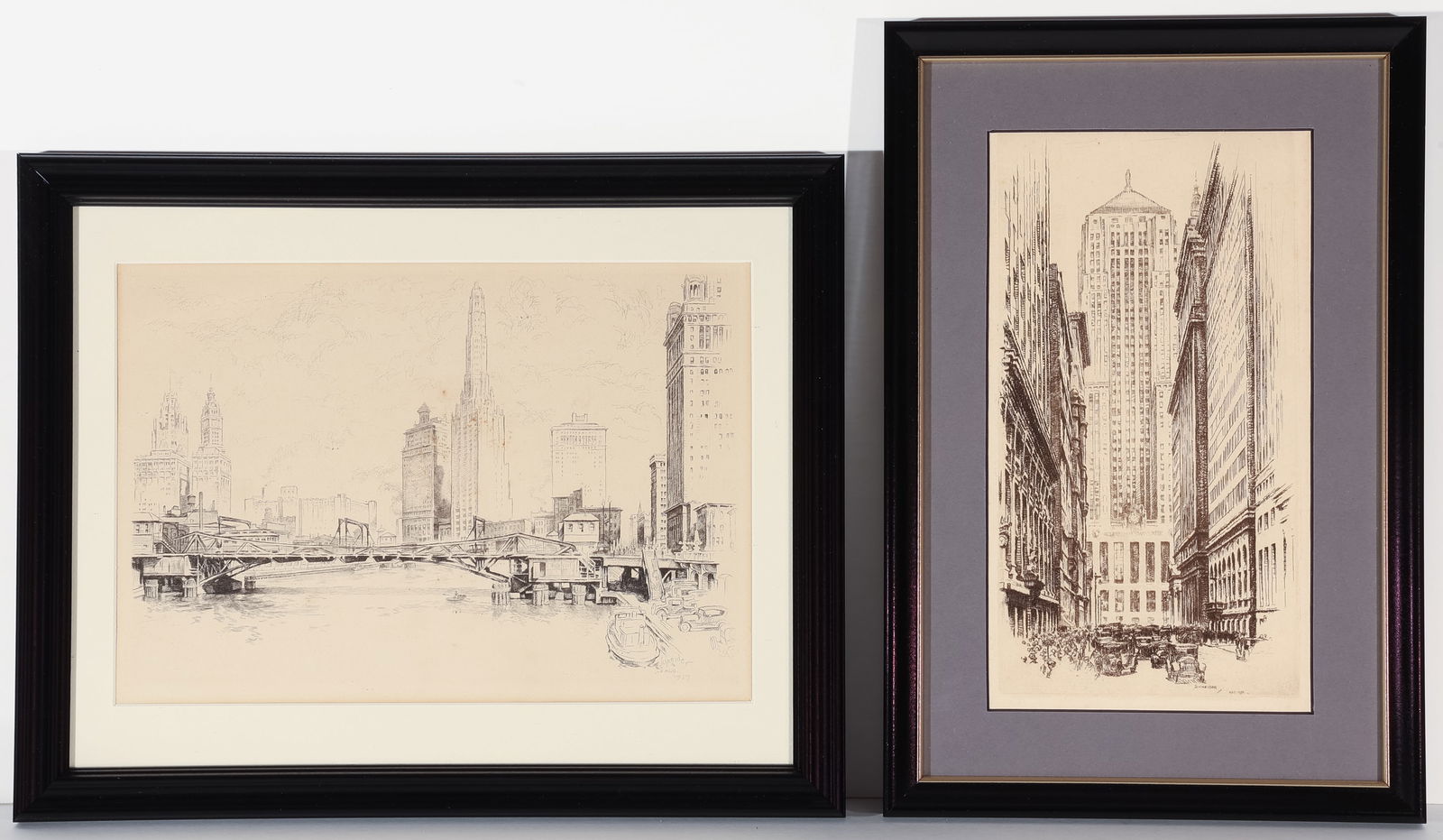 Otto SCHNEIDER: Two Etchings of Chicago.: Two Etchings by Otto SCHNEIDER (American, 1865-1950)."Chicago Board of Trade", 1930. "Chicago River", 1927. Each signed in the plate. Framed sizes: 15 x 10 inches; 12 1/2 x 15 1/2 inches.