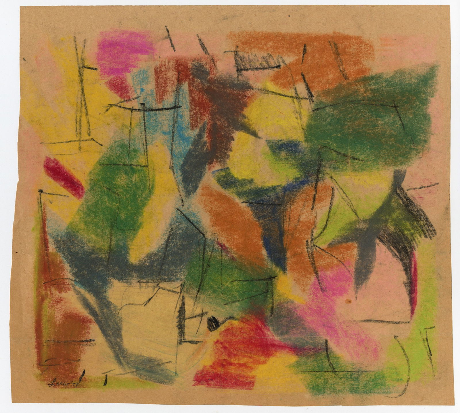 Michael LOEW: "Abstraction": Michael LOEW (American, 1907-1985): "Abstraction". Pastel on tan wove paper, 1951. Bearing the round estate stamp on the verso. Signed and dated in ink in the image. Titled and dated on the verso in p