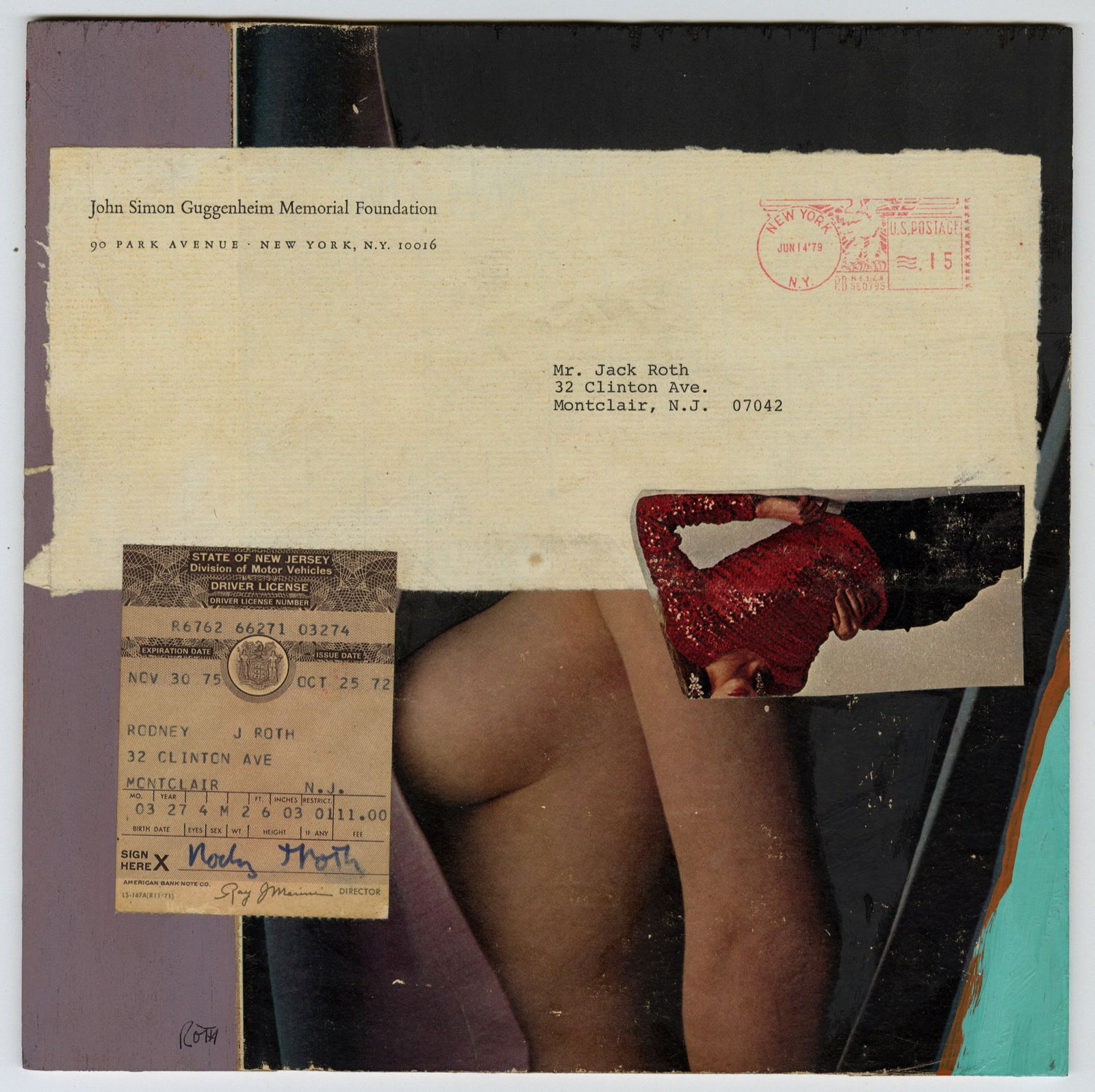 Jack ROTH: "Guggenheim - Driver License": Jack ROTH (American, 1927-2004): "Guggenheim - Driver License". Collage and gouache on board, after 1979. Signed in ink twice in the image. Bearing a rectangular estate stamp on the verso. Board size: