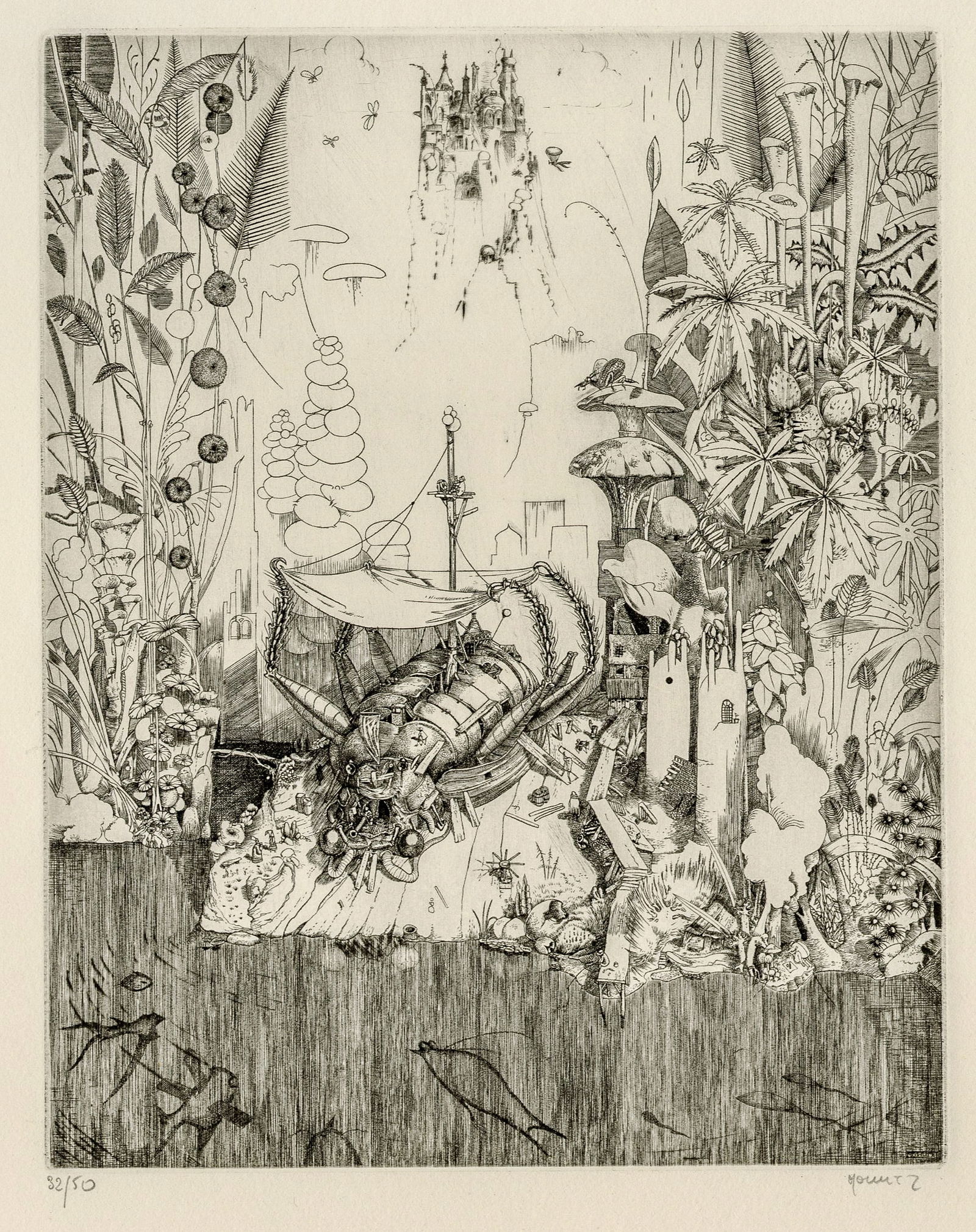 Philippe MOHLITZ: "Mise a Flot": Philippe MOHLITZ (French, 1941-2019): "Mise a Flot". Engraving on wove paper, 1969. Reference: Kersten 26. Edition of 50. Signed and numbered in pencil. Plate size: 10 3/8 x 8 1/4 inches.