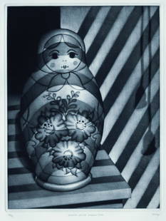 Carol WAX: "Venetian Blinds, Russian Doll": Carol WAX (B. 1953): "Venetian Blinds, Russian Doll". Mezzotint on wove paper, 1983. Edition of 75. Signed, titled, and numbered in pencil. Plate size: 11 7/8 x 9 inches. In pristine condition.