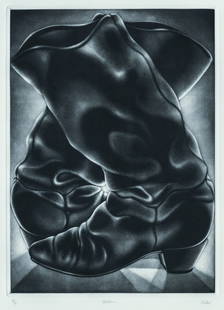 Carol WAX: "Boots": Carol WAX (B. 1953): "Boots". Mezzotint printed on wove paper1986. Edition of 50. Signed, titled, and numbered in pencil. Plate size: 12 3/4 x 9 1/4 inches.