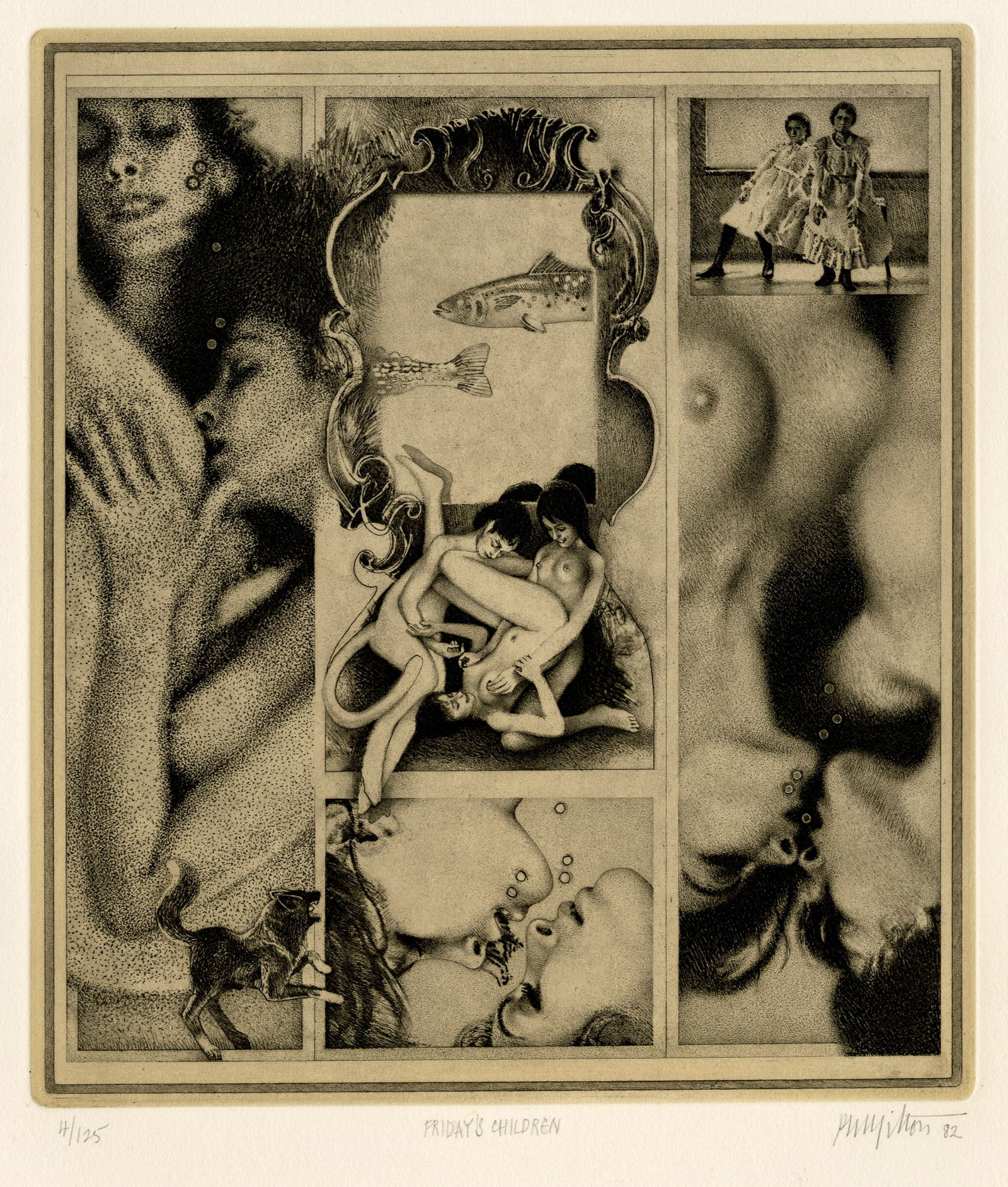 Peter MILTON: "Eros Errant IV: Friday's Children": Peter MILTON (American, Born 1930): "Eros Errant IV: Friday's Children". Resist-ground etching and engraving on chine-colle on wove paper, 1982. Reference: Milton 106. Edition of 125. Signed, titled,