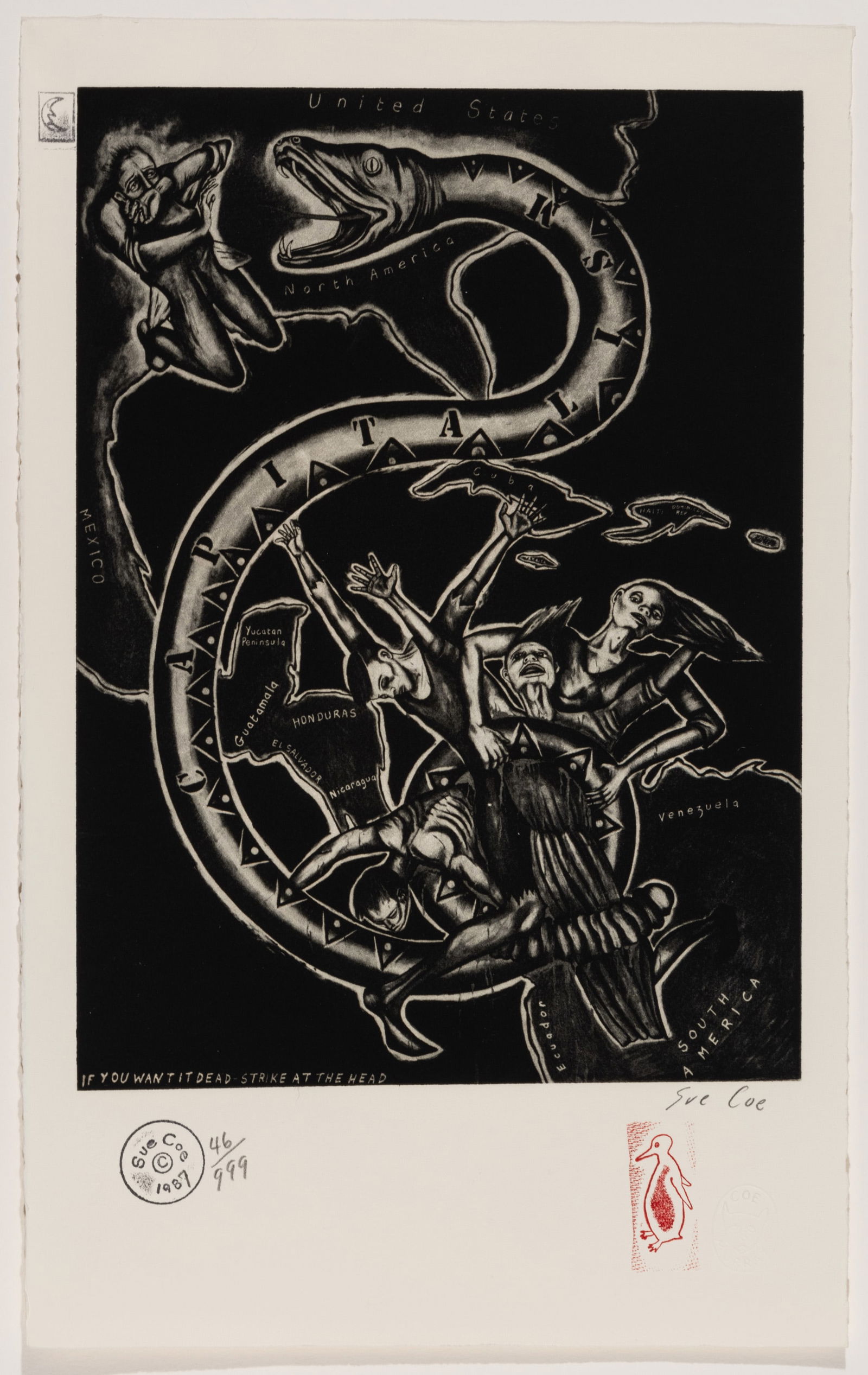Sue COE: "If You Want It Dead, Strike at the Head": Sue COE (British, born 1951): "If You Want It Dead, Strike at the Head". Photoetching on Rives wove paper, 1987. Signed and numbered in pencil, also bearing three stamps and one blindstamp by the arti