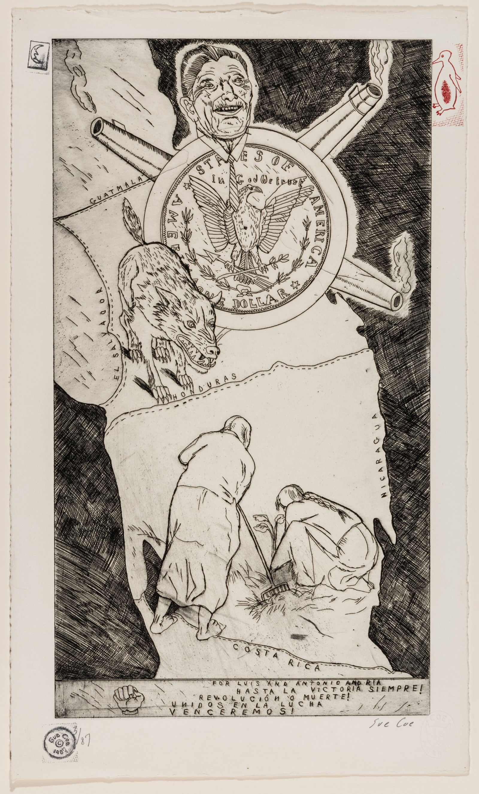 Sue COE: "Asta La Victoria Siempre": Sue COE (British, born 1951): "Asta La Victoria Siempre". Etching on wove paper, 1987. Signed and annotated in pencil, also bearing three stamps and one blindstamp by the artist. Plate size: 17 3/4 x
