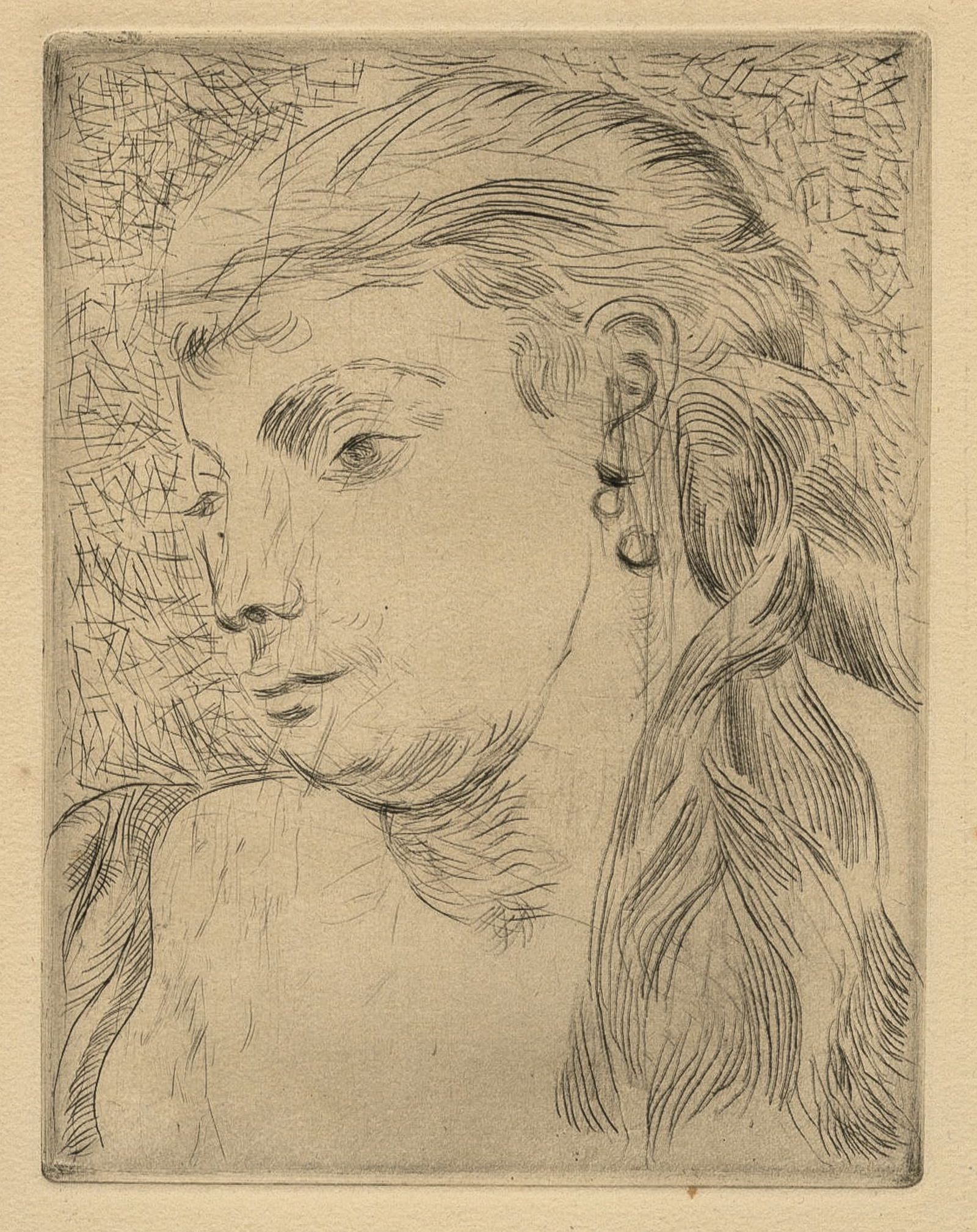 Andre DERAIN: "Tete de Femme": Andre DERAIN (French, 1880-1954): "Tete de Femme". Drypoint on wove paper. Reference: annotated Adhemar 56, but unlikely, given the size doesn't quite match. Scarce. Warm plate tone. Plate size: 6 1/2