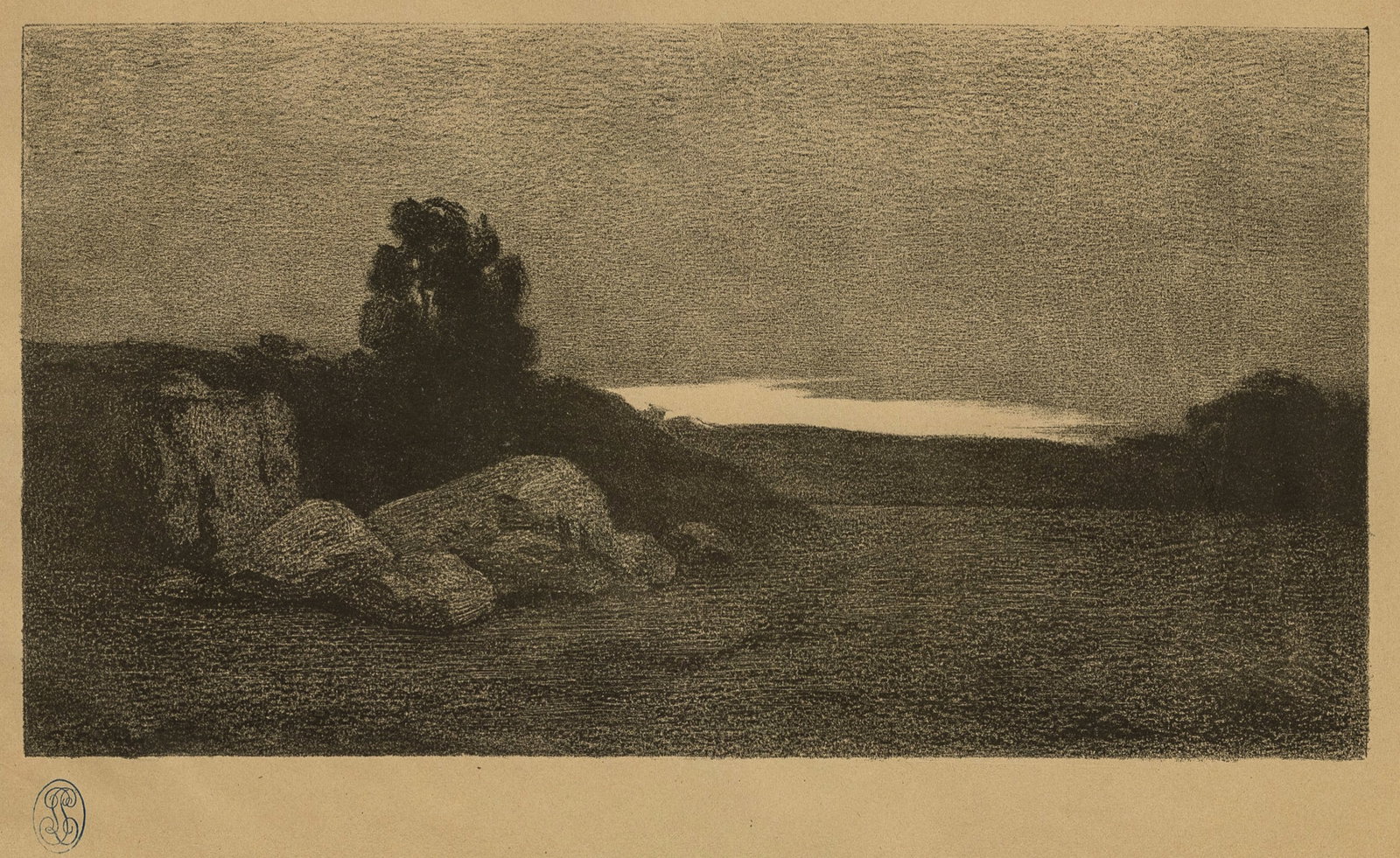 Charles-Marie DULAC: "Le Lac Blue, un Soir": Charles-Marie DULAC (French, 1866-1898): "Le Lac Blue, un Soir" (?). Lithograph printed in very dark brownish-black ink on tan wove paper. Reference: BN-IFF 9. We could not find any visual reference t