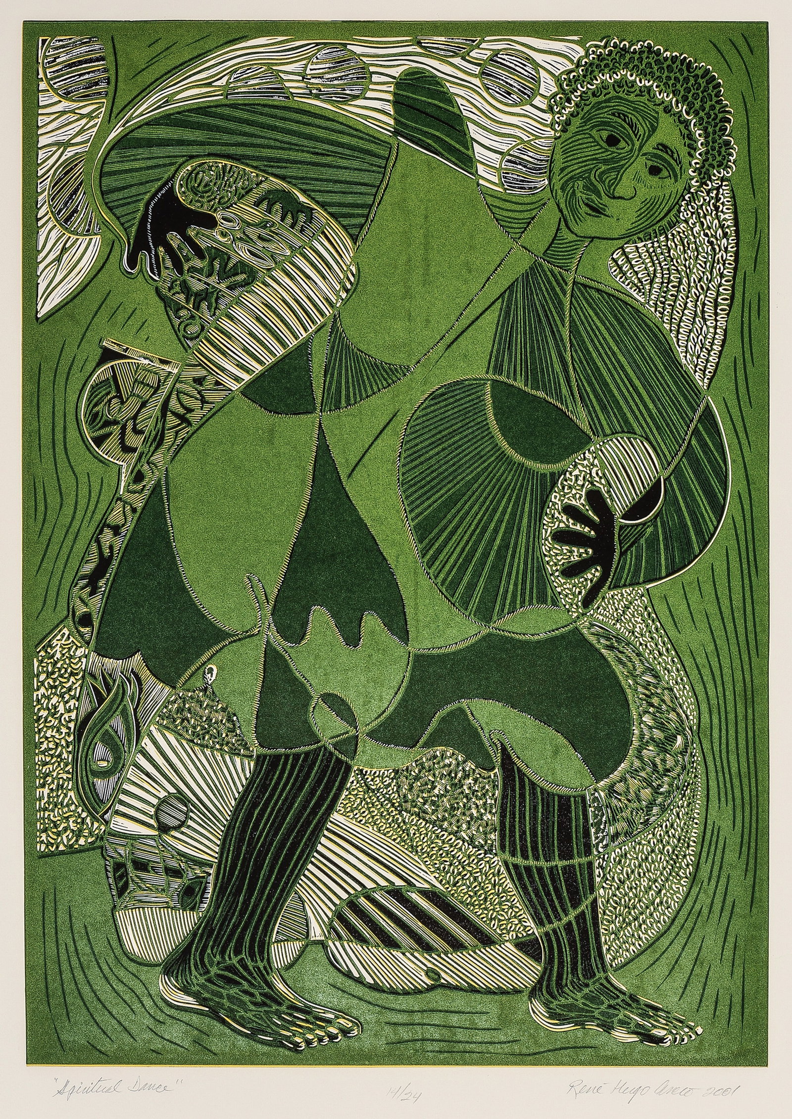 Rene Hugo ARCEO: "Spiritual Dance": Rene Hugo ARCEO (Mexican American, born 1979): "Spiritual Dance". Color linocut on paper, 2001. Edition of 24. Signed, titled, dated, and numbered in pencil. Image size: 22 1/4 x 16 inches.
