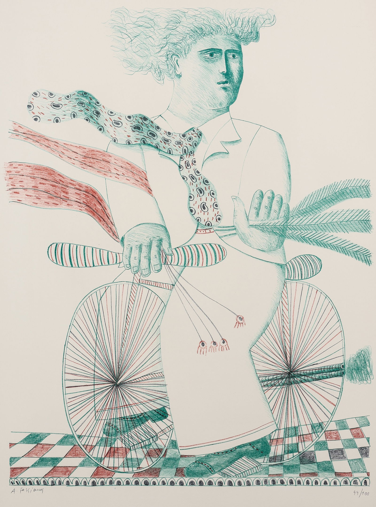 Alexandre (Alecos) FASSIANOS: "The Biker": Alexandre (Alecos) FASSIANOS (Greek, 1935-2022): "The Biker". Color lithograph on wove paper. Edition of 100. Signed and numbered in pencil. Sheet size: 30 x 22 1/4 inches.