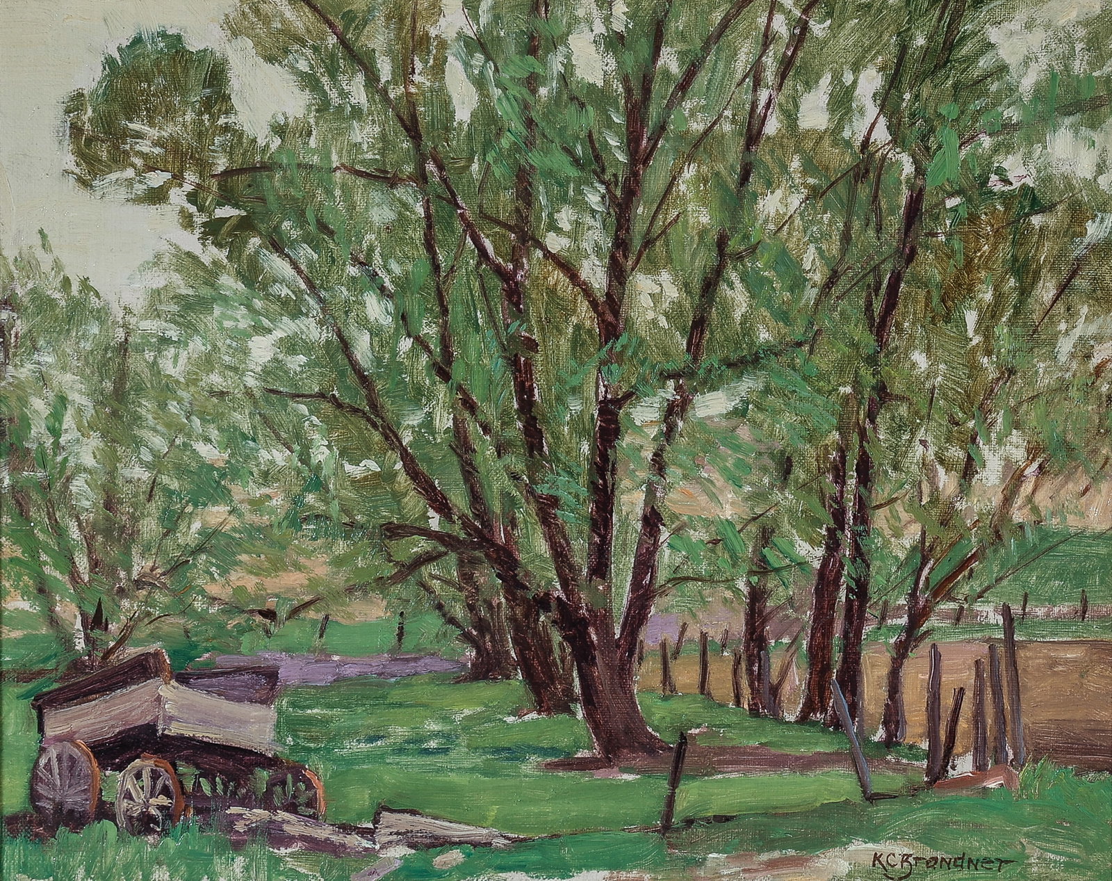 Karl C. BRANDNER: "Old Wagon near Galesburg": Karl C. BRANDNER (American, 1898-1961): "Old Wagon near Galesburg". Oil on canvas, mounted on board. Signed at lower right. Titled on the verso. Labels: Palette and Chisel Academy of Fine Arts, Chicag