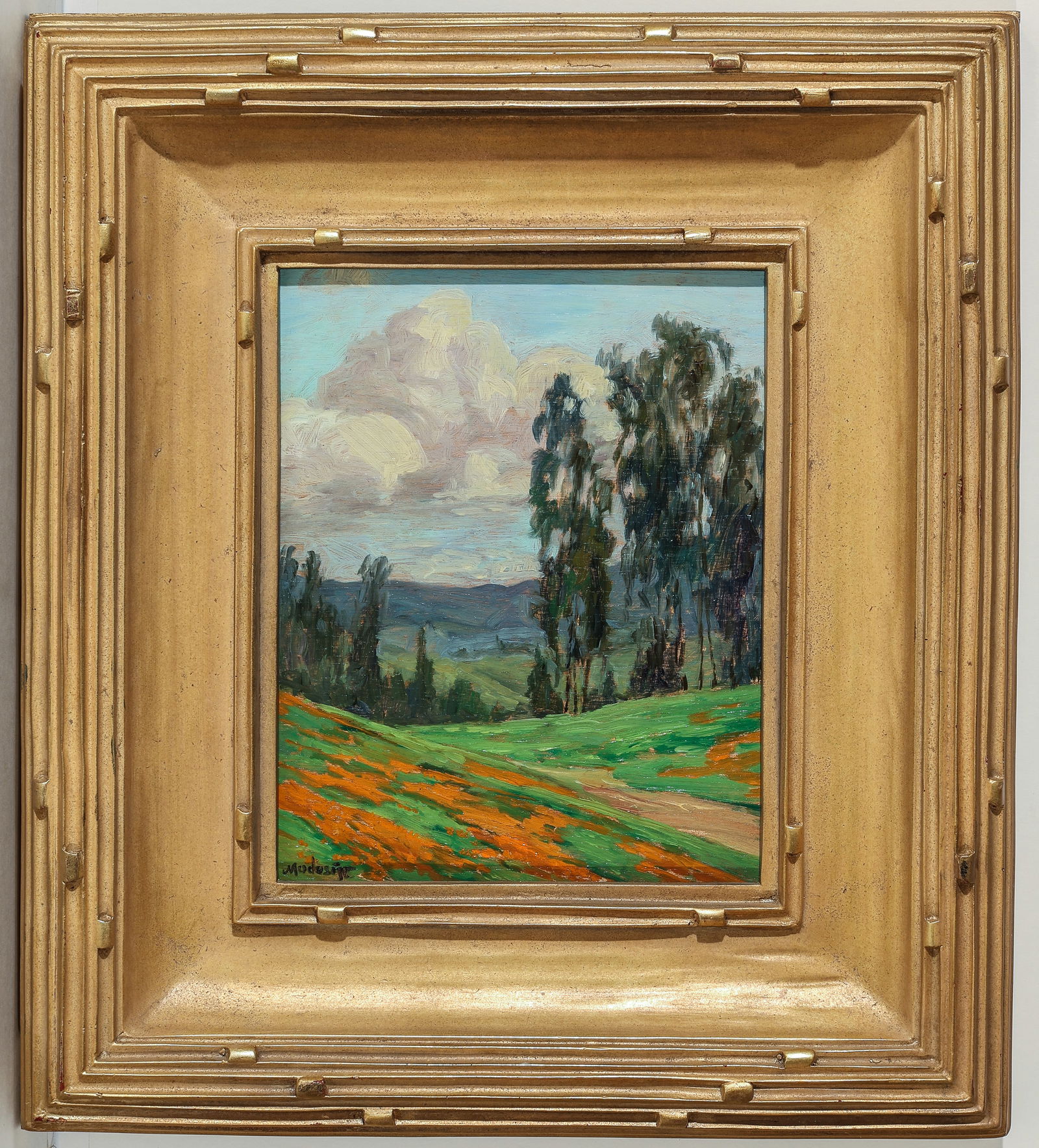 John MODESITT: "Santa Ines Valley, Good Day for Eves!": John MODESITT (American, born 1955): "Santa Ines Valley, Good Day for Eves!". Oil on board. Signed at lower left, titled on the verso. Board size: 8 3/8 x 10 3/8 inches. Frame size: 17 x 15 inches.