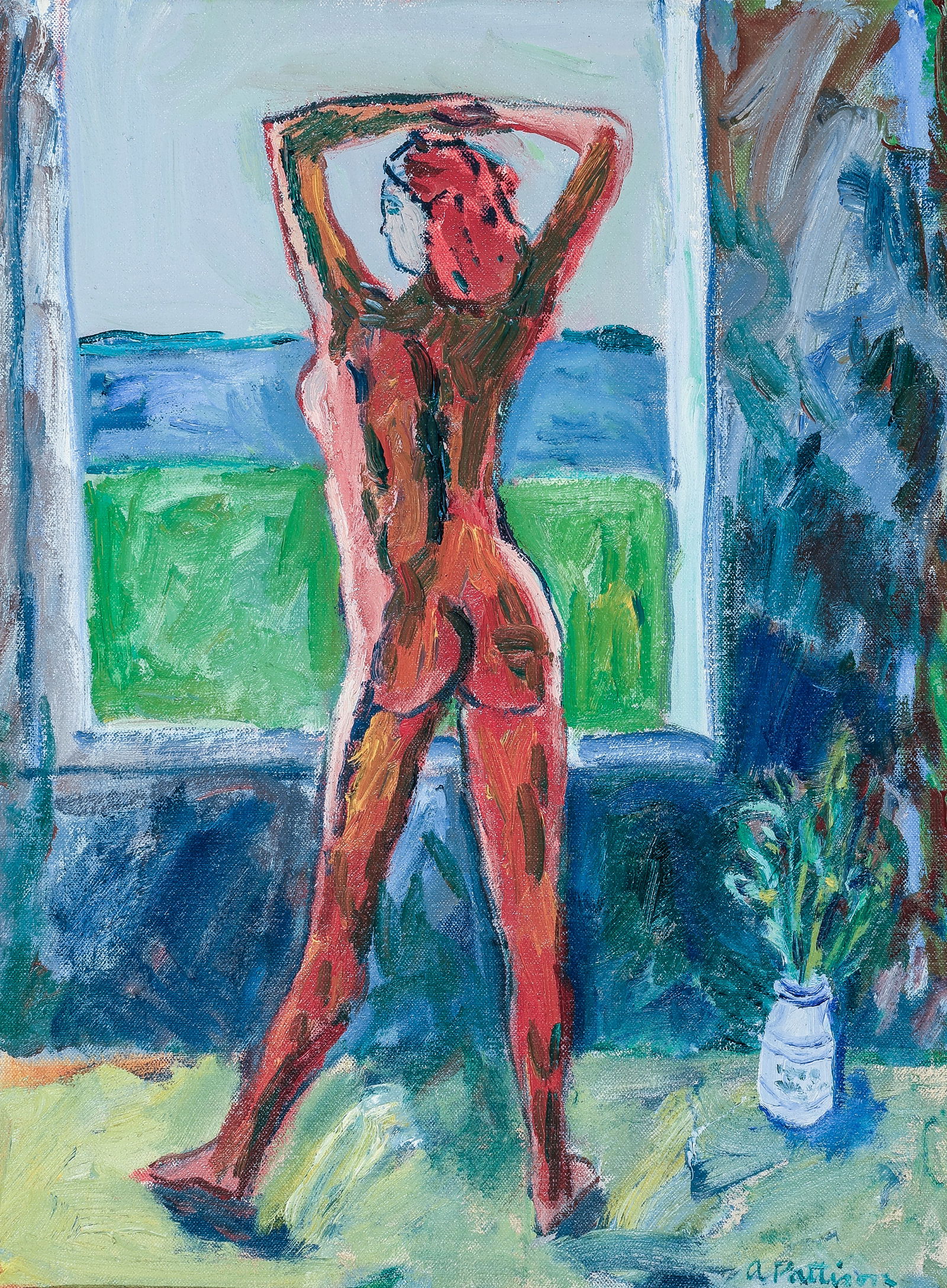 Abbott PATTISON: "Winnetka Nude": Abbott PATTISON (American, 1919-1999): "Winnetka Nude". Oil on canvas, 1968. Signed at lower right. Annotated "Winnetka" and dates in pen on the verso. Canvas size: 16 1/8 x 12 inches. Frame size: 18