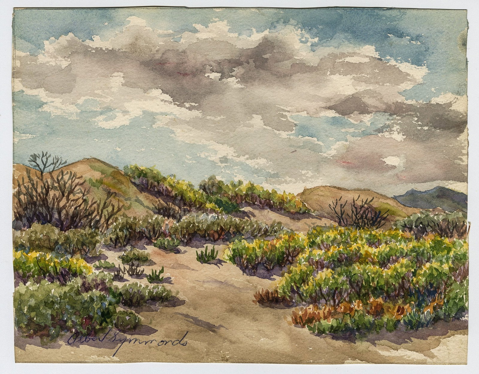 Albert H. SYMMONDS: "California Dunes": Albert H. SYMMONDS (American, 1901-1970): "California Dunes". Watercolor on paper. Signed in pen at lower left. Image size: 6 3/4 x 8 5/8 inches.
