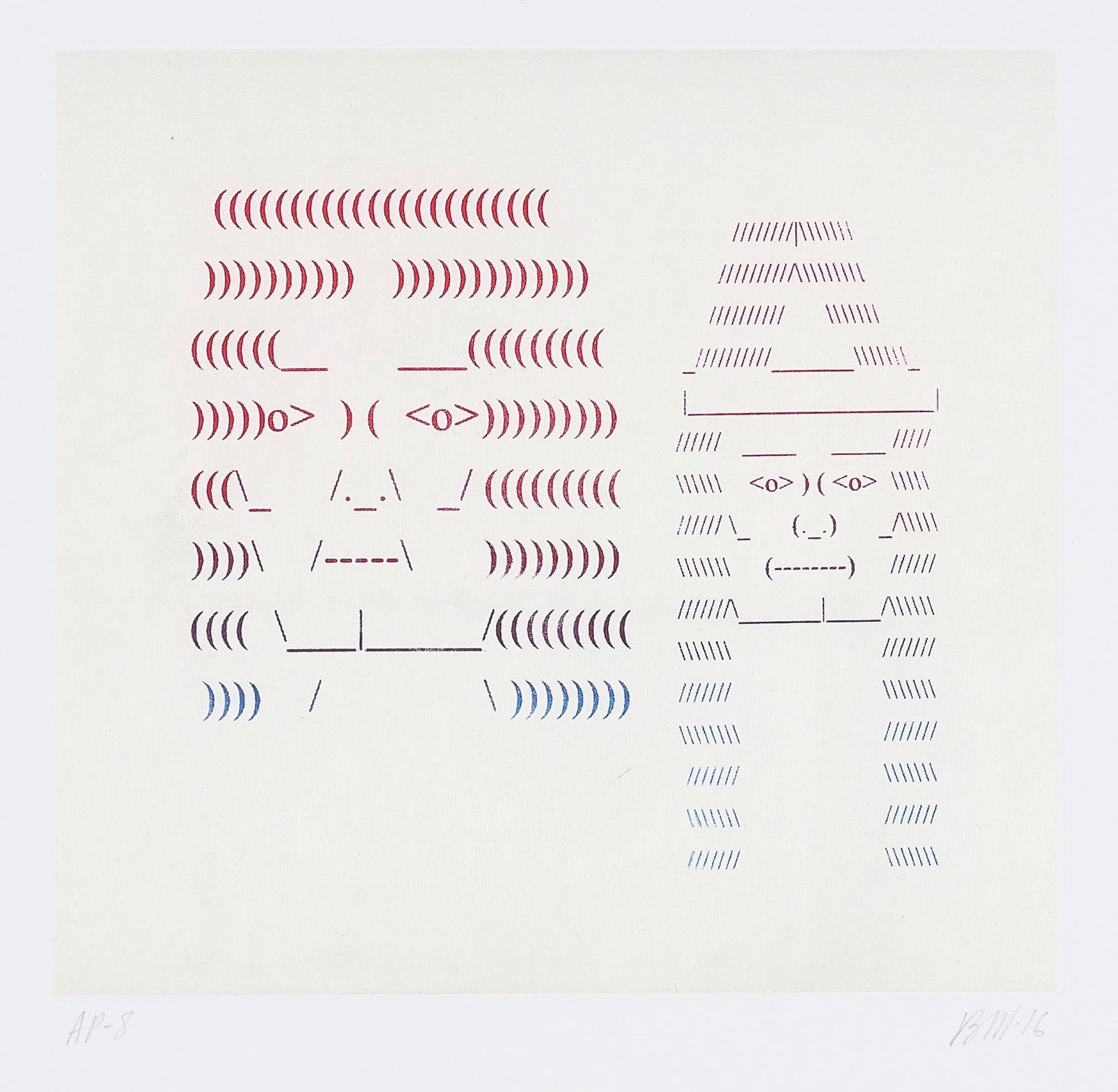 Barry McGEE: "Untitled".: Barry McGEE (American, b. 1966): "Untitled". Color aquatint on chine colle on wove paper, 2016. Signed, dated, and inscribed AP8, aside from the edition of 35. With the publisher's blindstamp at lower