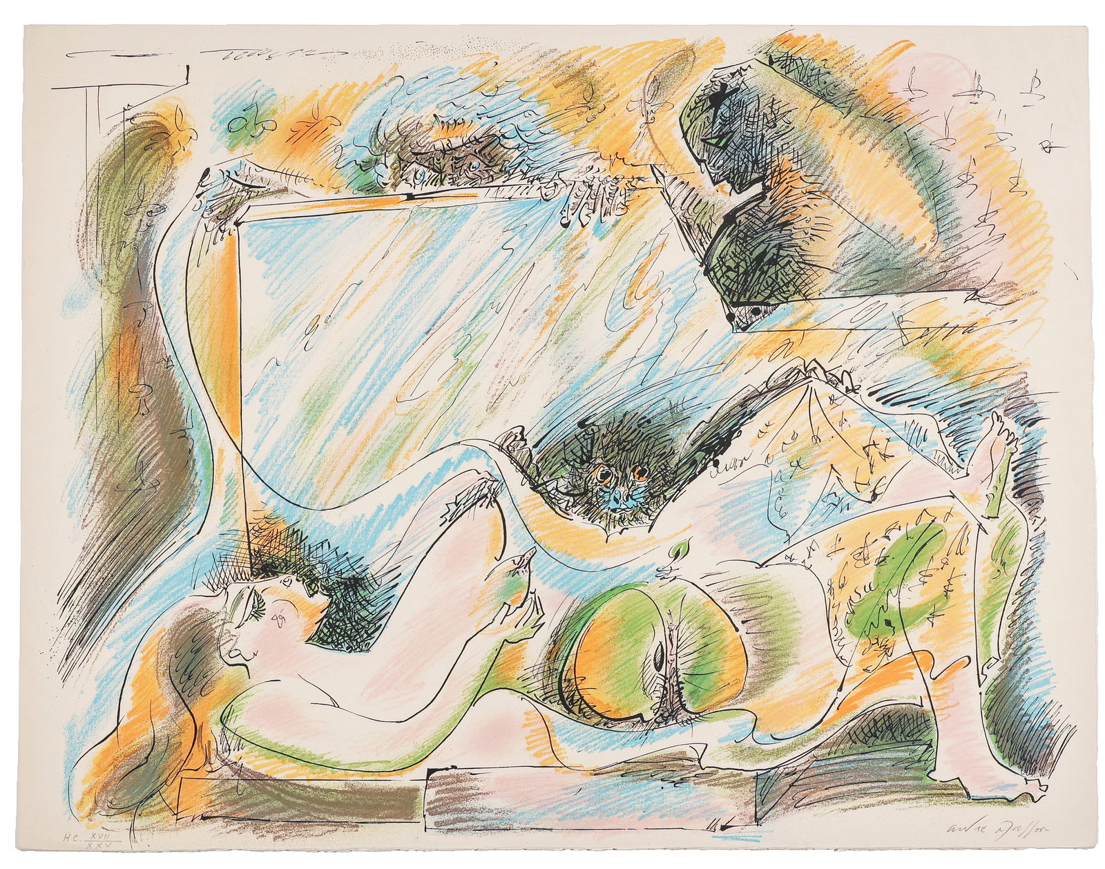 Andre MASSON: "La Naissance d'Eve".: Andre MASSON (French, 1896-1987): "La Naissance d'Eve". Color lithograph on tan wove, 1975. From the "Hors Commerce" edition of 25, signed in Roman numberals, before the regular edition, seemingly on