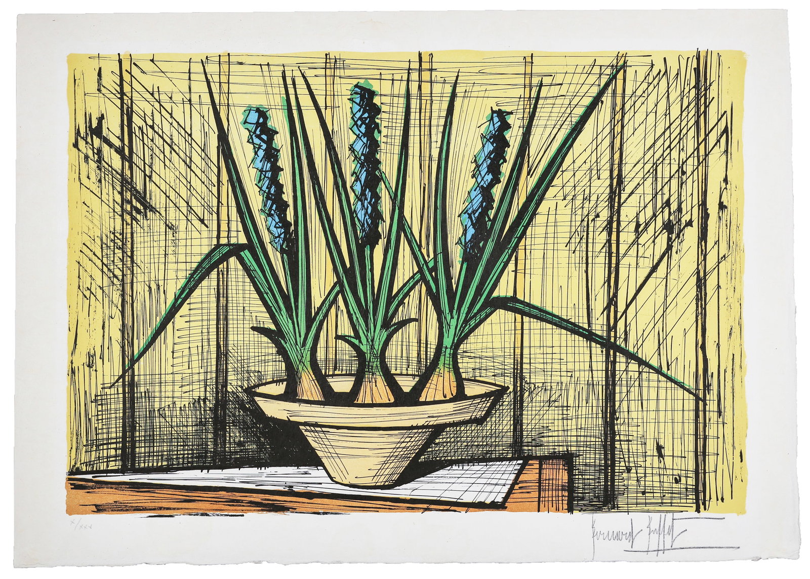 Bernard BUFFET: "Les Jacinthes Bleues".: Bernard BUFFET (French, 1928-1999): "Les Jacinthes Bleues". Color lithograph on "japon nacre" wove paper, 1986. Reference: Sorlier 485. One of 25 impressions on this paper, aside from the edition of 1