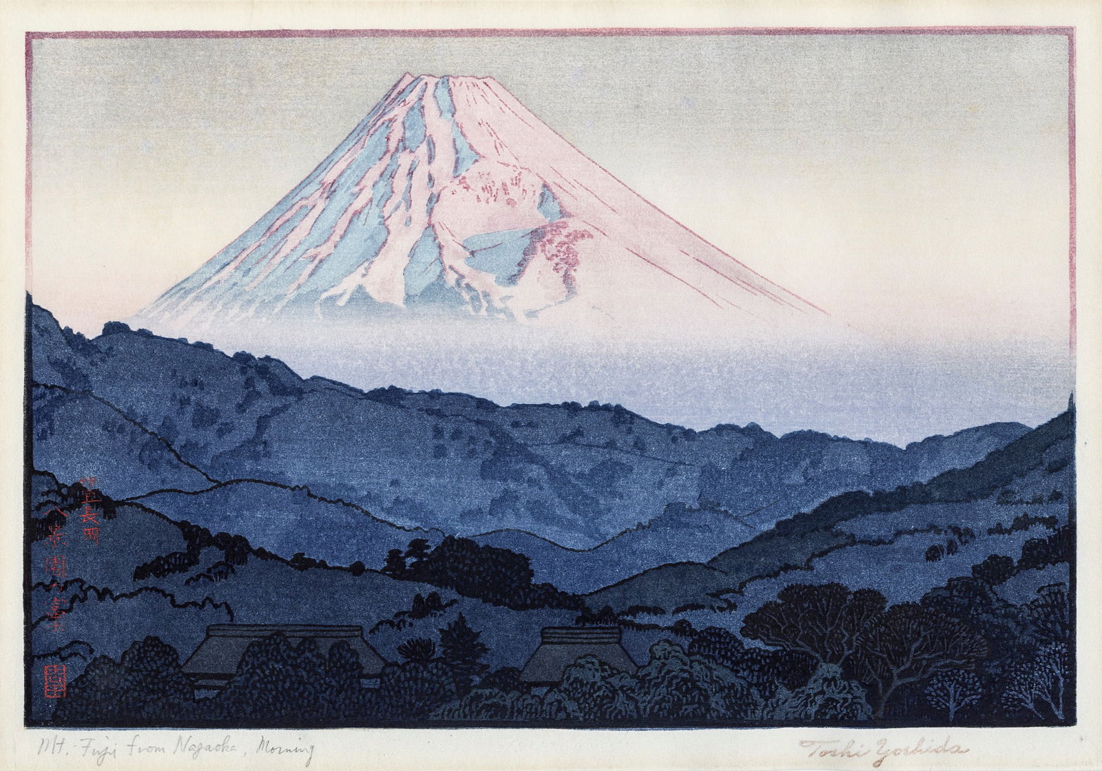 Toshi Yoshida: "Mt. Fuji from Nagaoka, Morning".: Toshi Yoshida (Japanese, 1911-1995): "Mt. Fuji from Nagaoka, Morning". Woodblock print (color woodcut) printed on wove Japan paper. The first edition dates from 1962. This is a later printing from the