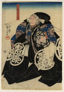 Three prints by Utagawa Kuniyoshi.: Three prints by Utagawa Kuniyoshi (Japanese, 1798-1861): "Warrior Lord Saito Tarozaemon". Woodblock print on Japan paper. Sheet size: 14 1/2 x 10 1/8 inches. "A Seated Woman Sewing a Kimono". Woodbloc