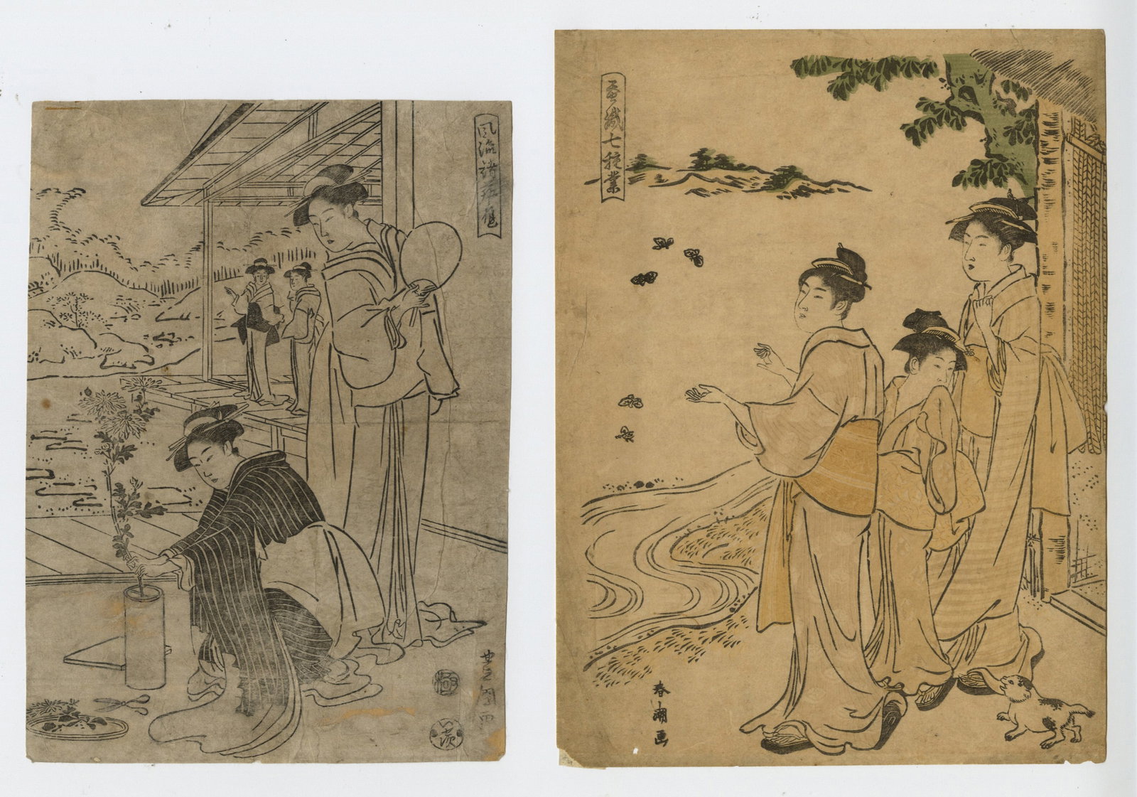 Four unidentified Japanese woodcuts and woodblock prints.: Four unidentified Japanese woodcuts and woodblock prints: "Ikebana", "Ladies Admiring Butterflies", "Geisha Folding a Letter", "Women in Leisure Boats". Largest sheet: 15 1/2 x 10 inches. Smallest she