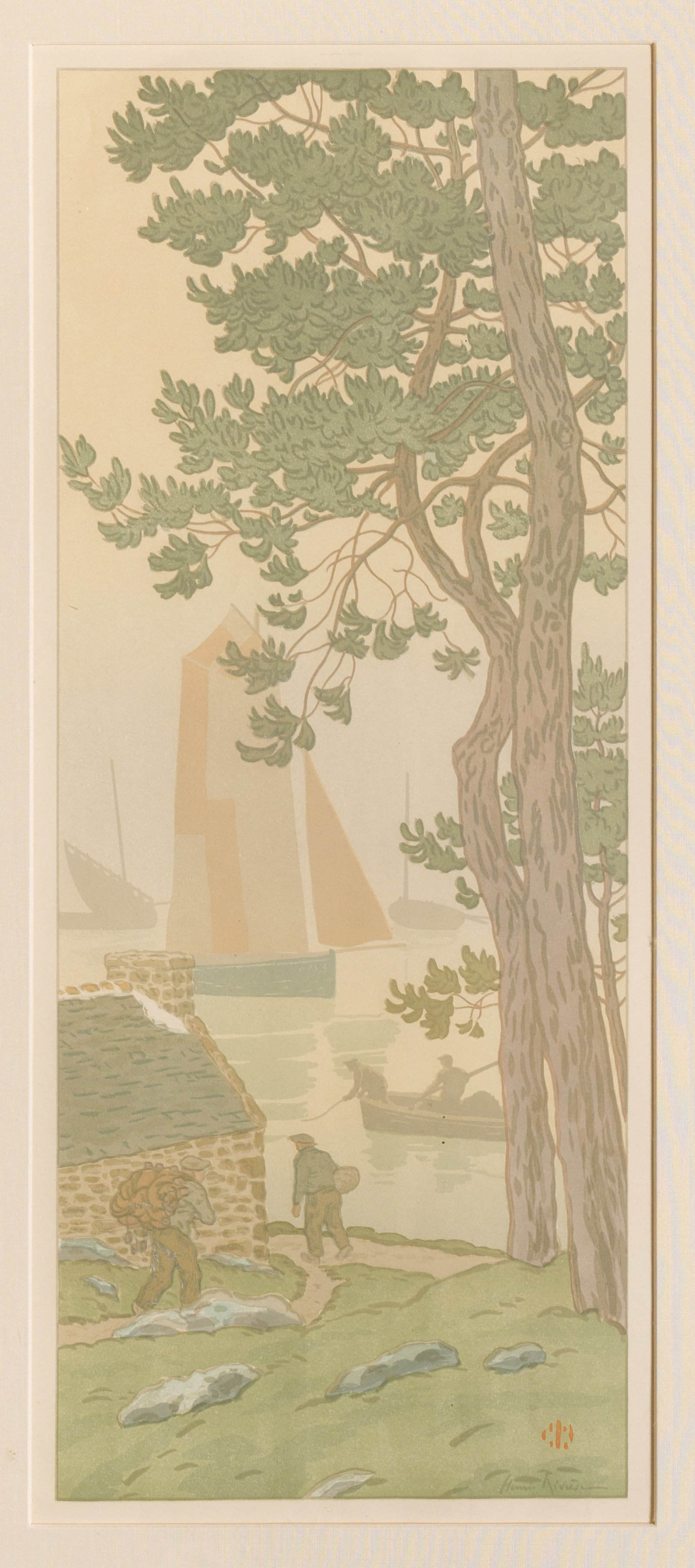 Henri RIVIERE: "La Brume".: Henri RIVIERE (French, 1864-1951): "La Brume". Lithograph printed in color on smooth wove paper, 1901. Reference: Levasseur & Le Bohec L65. Plate 44 from the series of 16 lithographs titled "La Feerie