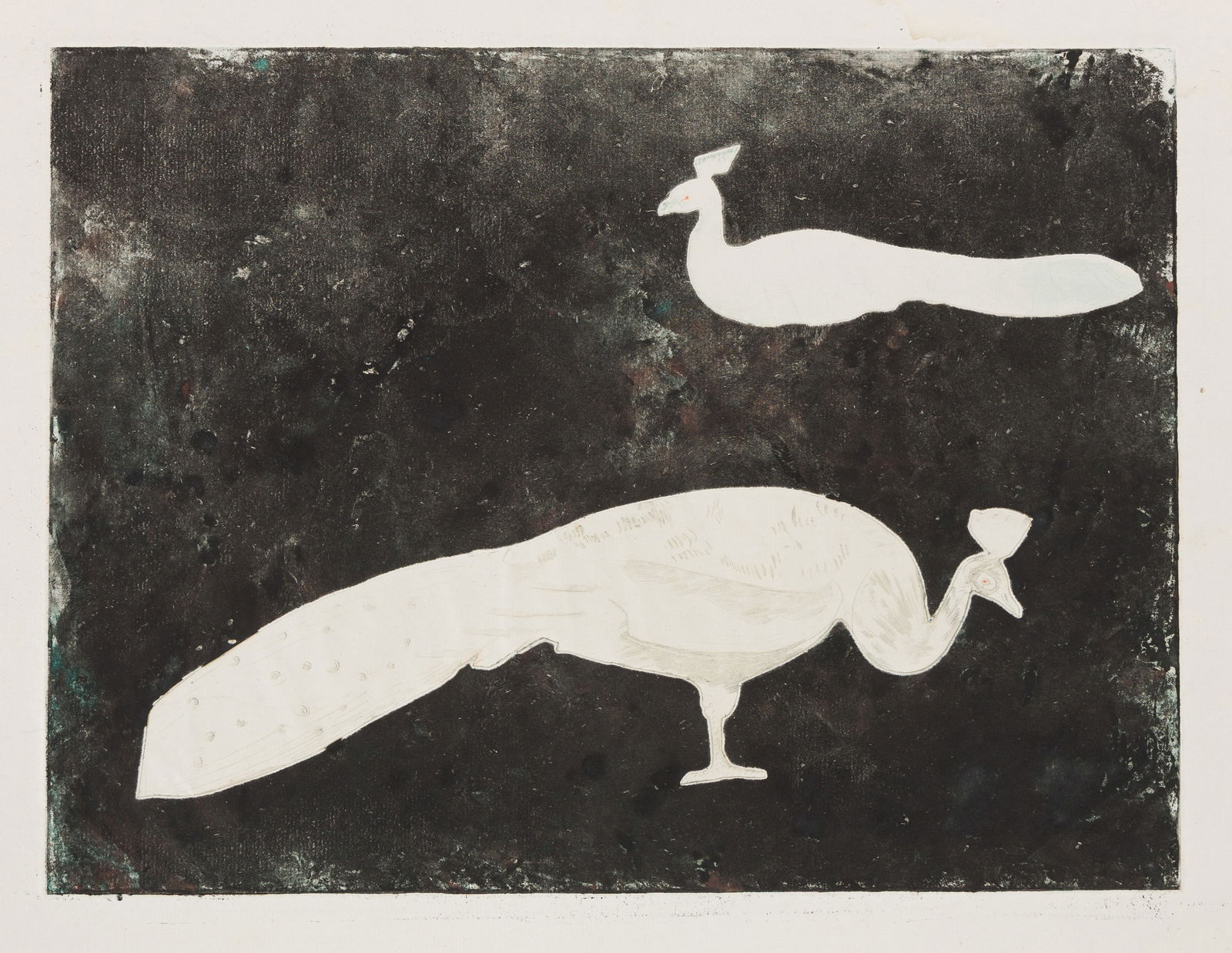 Joseph HECHT: "Deux Paons".: Joseph HECHT (Polish/French, 1891-1951): "Deux Paons". Pure line engraving cutouts, printed in faint green ink, against a black-green printed background laid paper (with unidentified watermarks, only