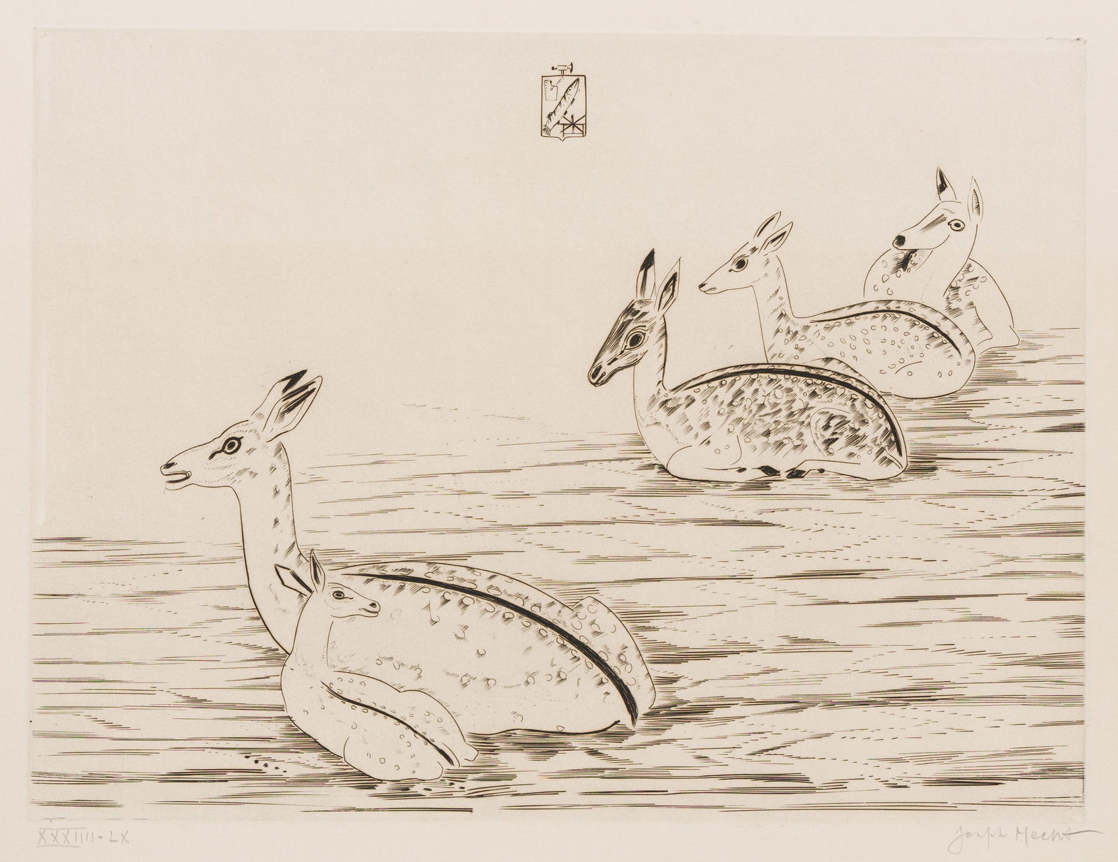 Joseph HECHT: "Cerfs Indochinois I".: Joseph HECHT (Polish/French, 1891-1951): "Cerfs Indochinois I". Etching on Arches paper, 1950. Reference: Tonneau-Ryckelynck & Plumart 370. From an edition of 60. Signed and numbered in pencil at the