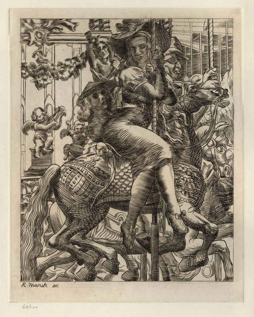 Reginald MARSH: "Merry Go Round" (1938): Reginald MARSH (1898-1954): "Merry Go Round". Etching on wove paper, 1938. Reference: Saskowsky 179. Whitney Edition of 100. Signed in the plate. Plate size: 8 3/4 x 7 inches.