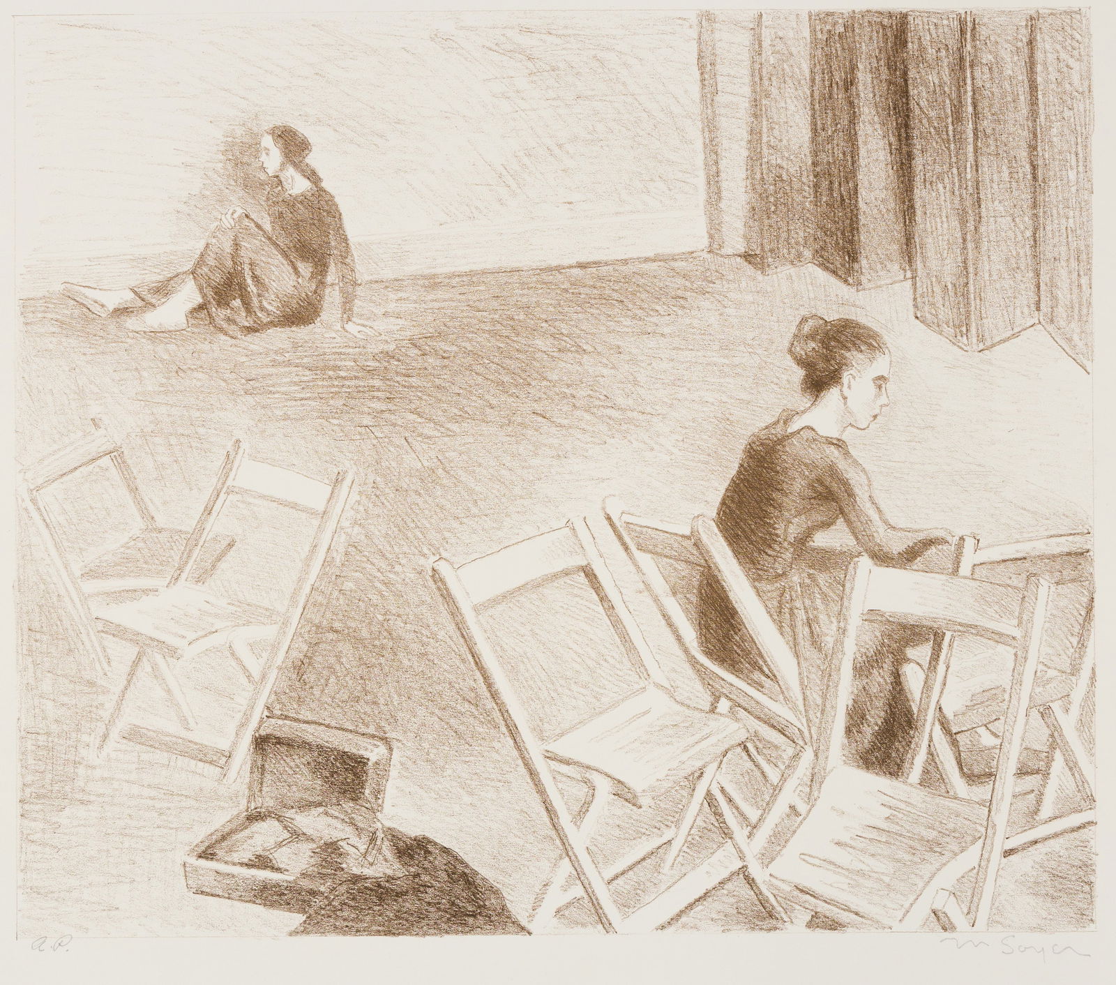 Moses SOYER: "Repose" (Dancers & Chairs).: Moses SOYER (Russian American, 1899-1974): "Repose" (Dancers & Chairs). Lithograph in brown ink on Rives wove paper, 1950. Artist's proof, from the edition of 100, surprisingly scarce. Signed and insc